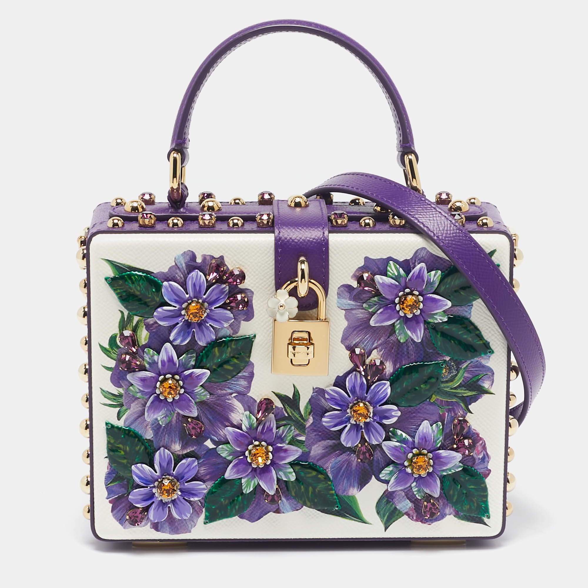 Pre Owned Dolce & Gabbana Purple/White Leather Floral Embellished Dolce Box Top Handle Bag