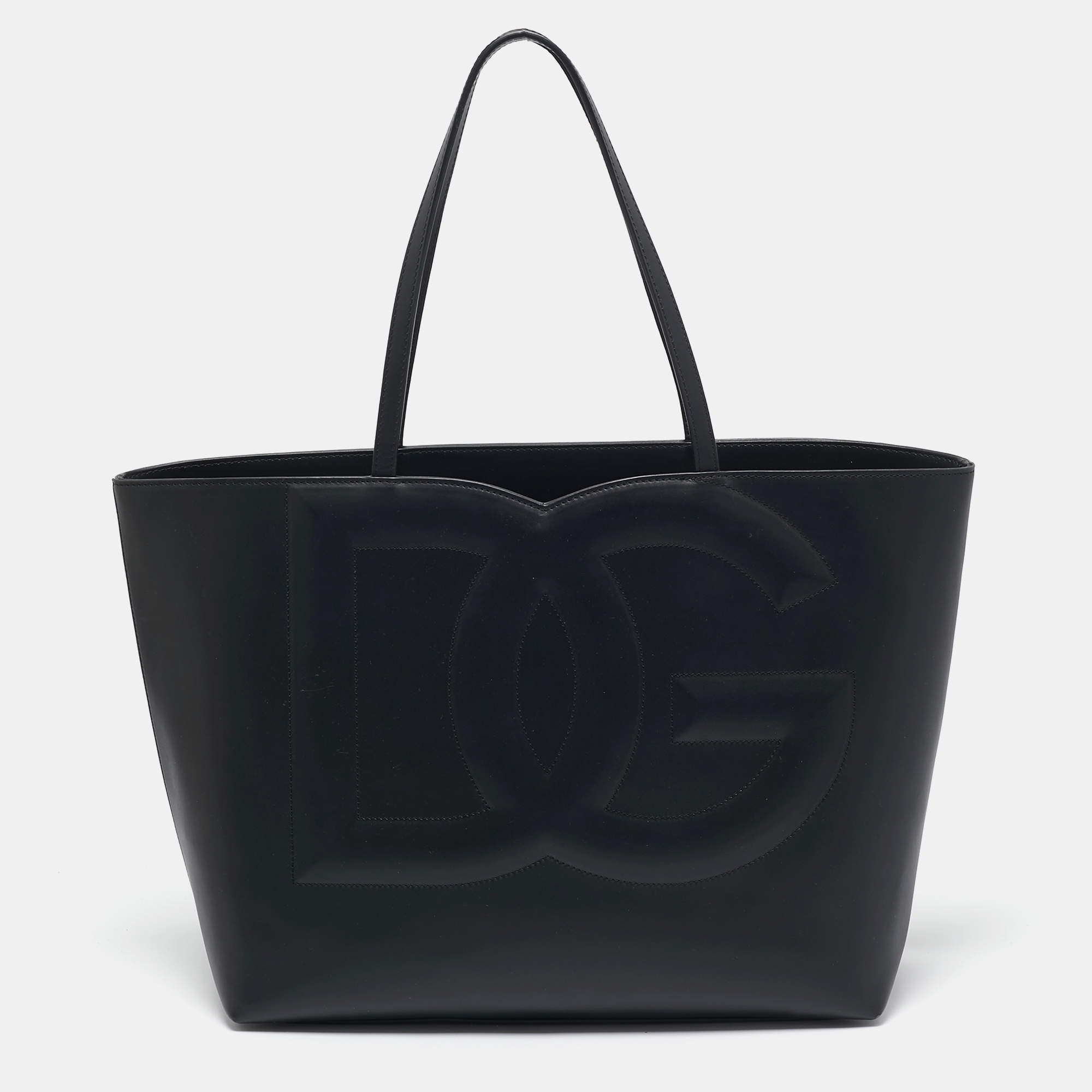 Pre Owned Dolce & Gabbana Black Leather DG Logo Shopper Tote