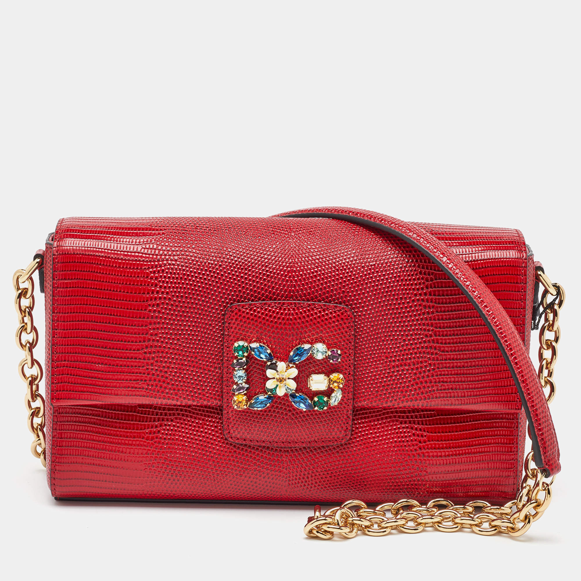 Pre Owned Dolce & Gabbana Red Lizard Embossed Leather DG Amore Chain Shoulder Bag