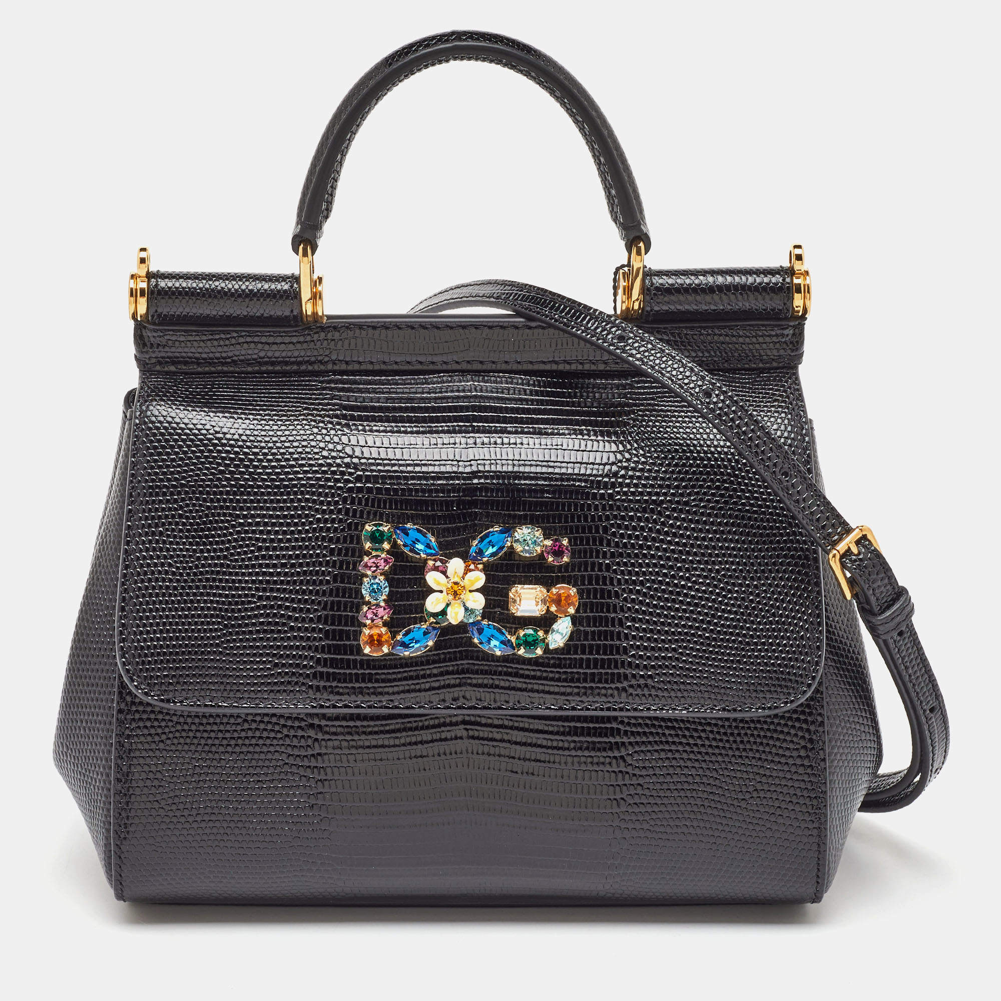 Pre Owned Dolce & Gabbana Black Iguana Embossed Leather Small Crystals DG Miss Sicily Bag