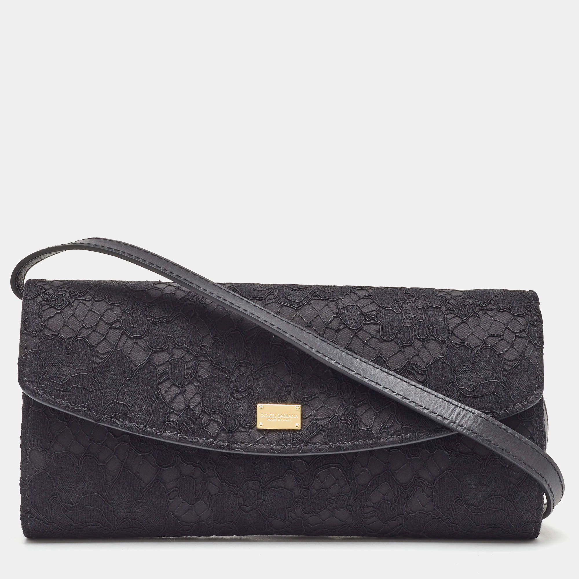 Pre Owned Dolce & Gabbana Black Lace and Satin Flap Crossbody Bag