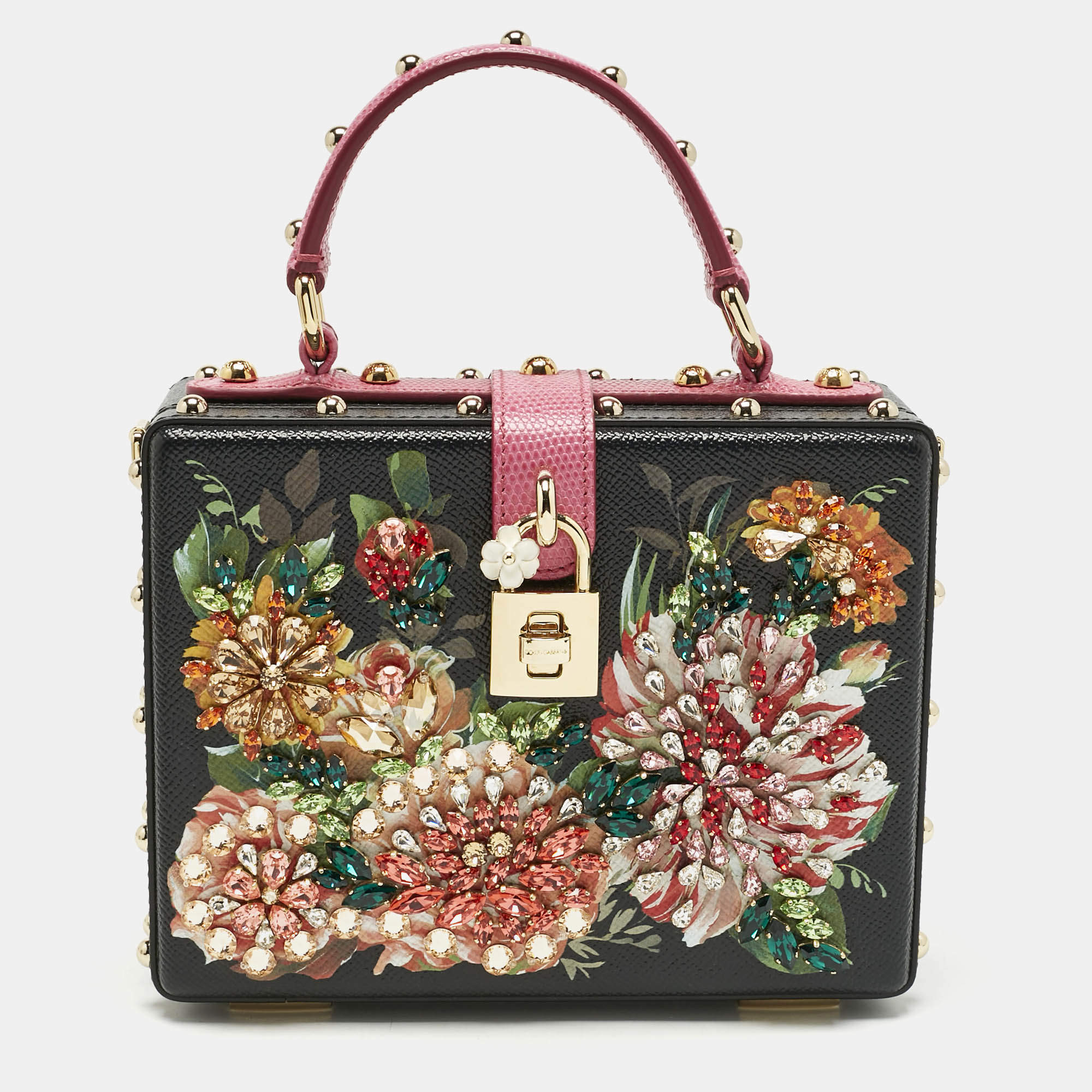 Pre Owned Dolce & Gabbana Black/Fuchsia Leather Studded & Crystal Embellished Dolce Box Top Handle Bag