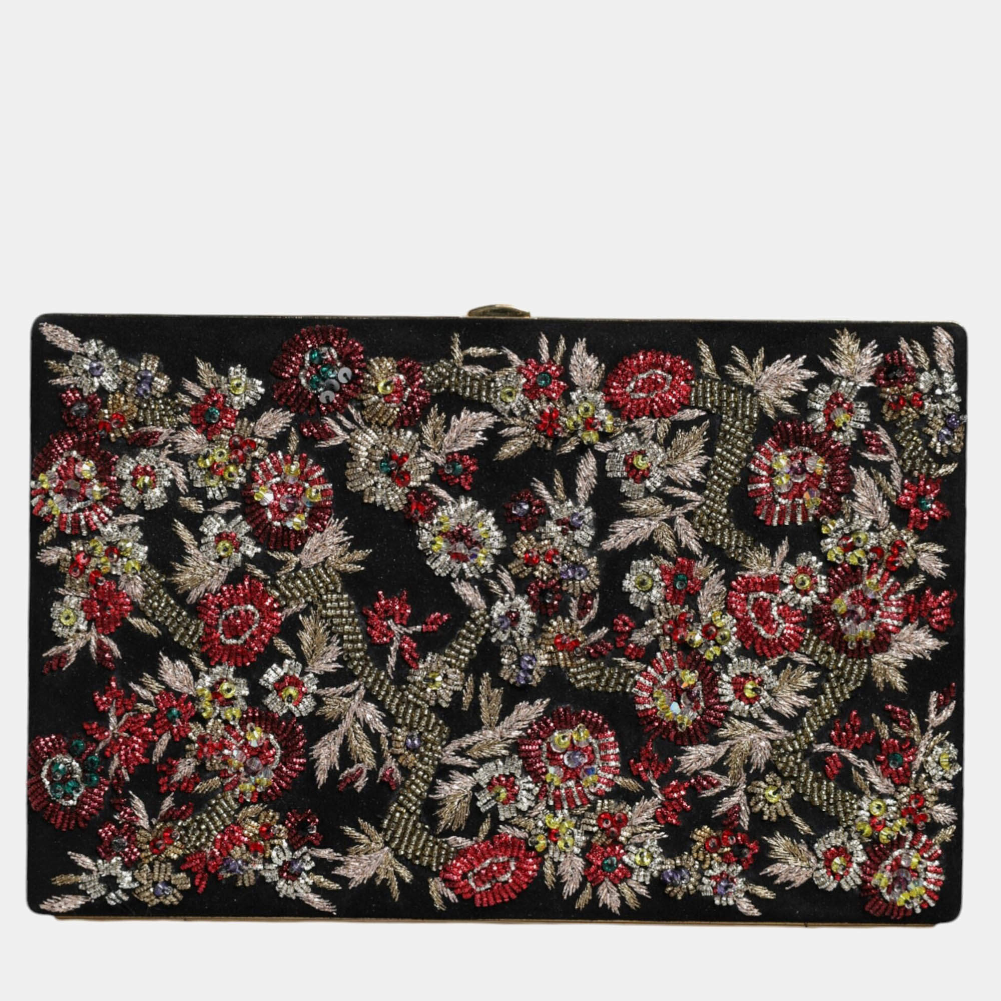 Pre Owned Dolce & Gabbana Floral Gold Frame Multicolor Fabric Clutch Evening Purse Bag