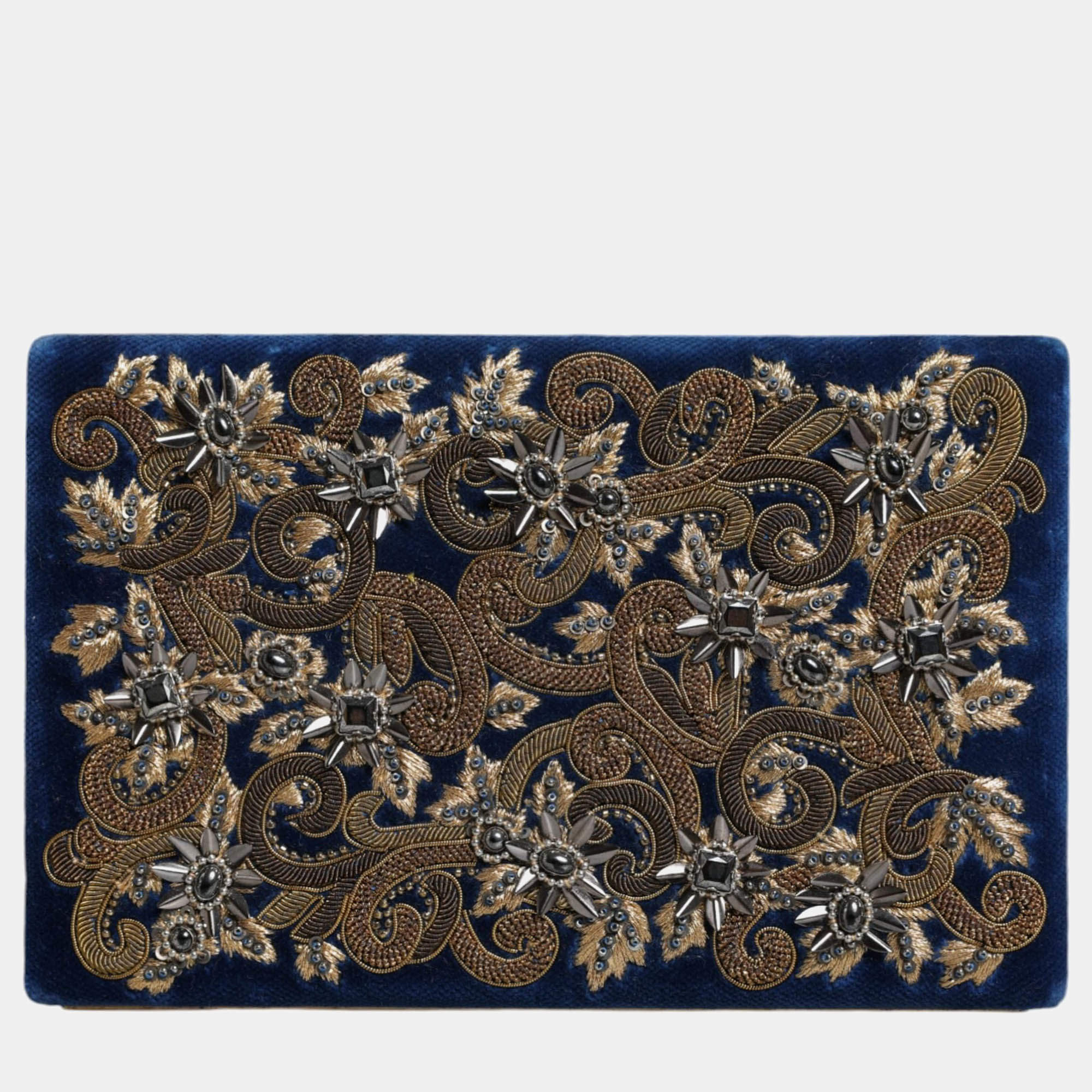 Pre Owned Dolce & Gabbana Gold Frame Blue Velvet Clutch Evening Purse Bag