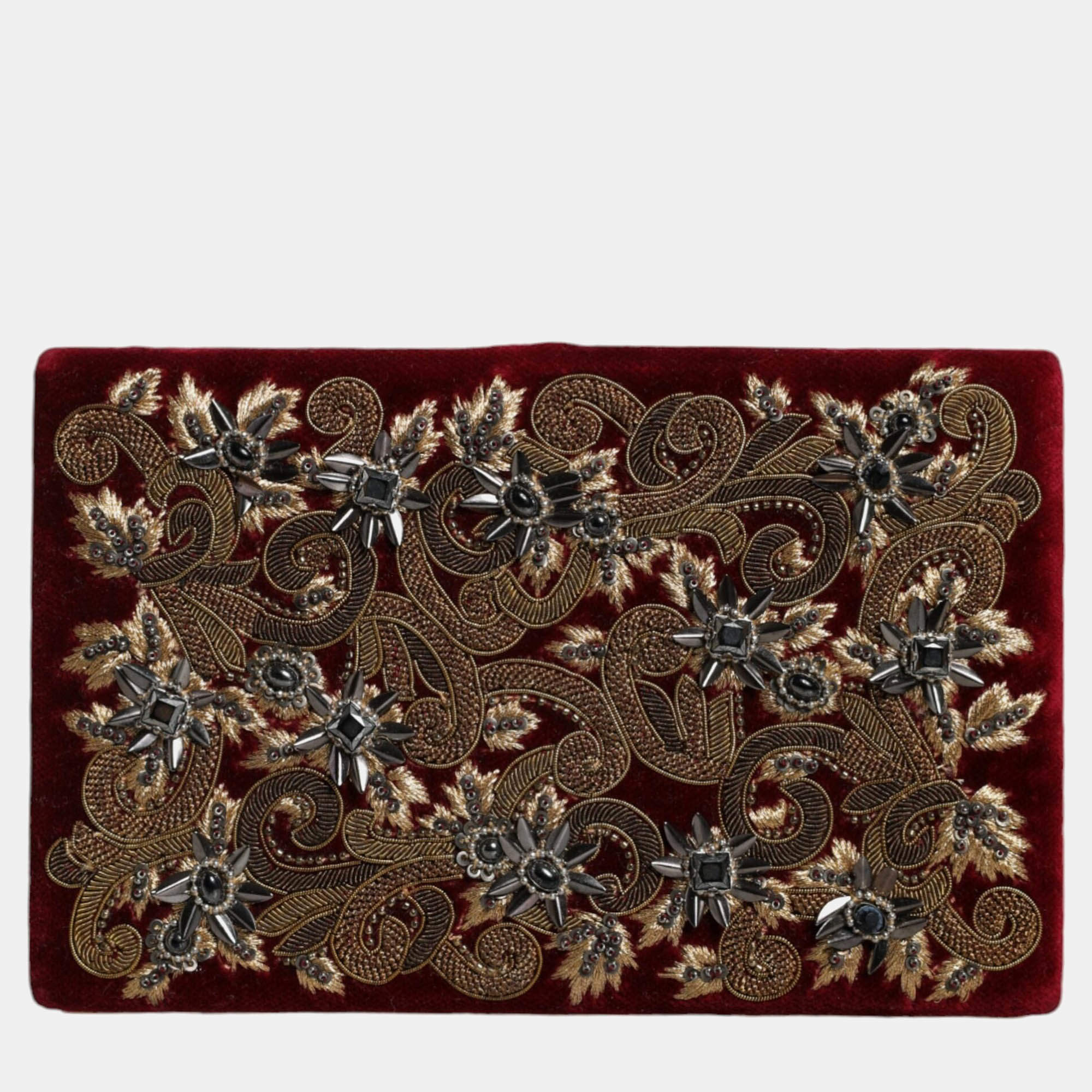 Pre Owned Dolce & Gabbana Gold Frame Red Velvet Clutch Evening Purse Bag