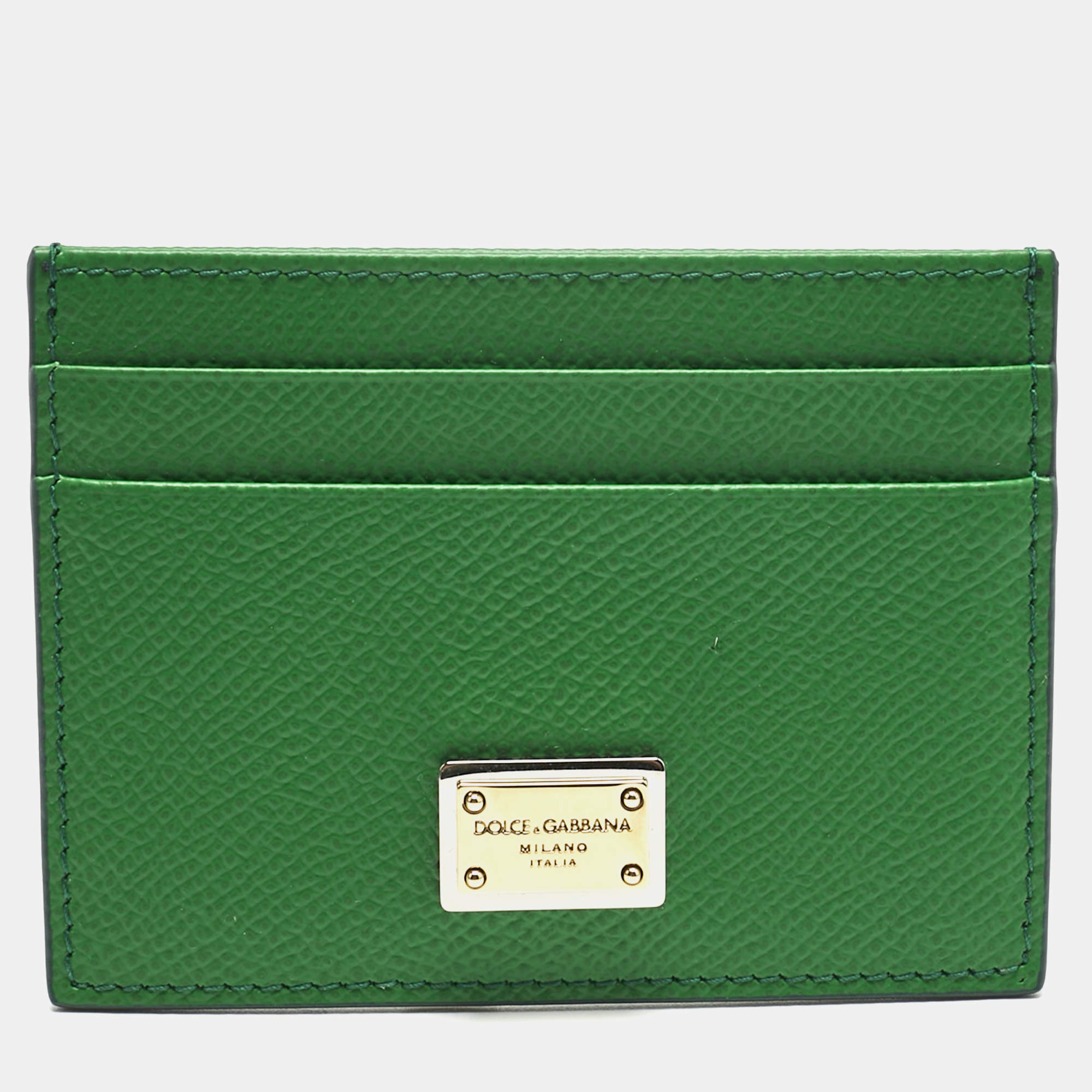Pre Owned Dolce & Gabbana Green Leather Logo Card Holder
