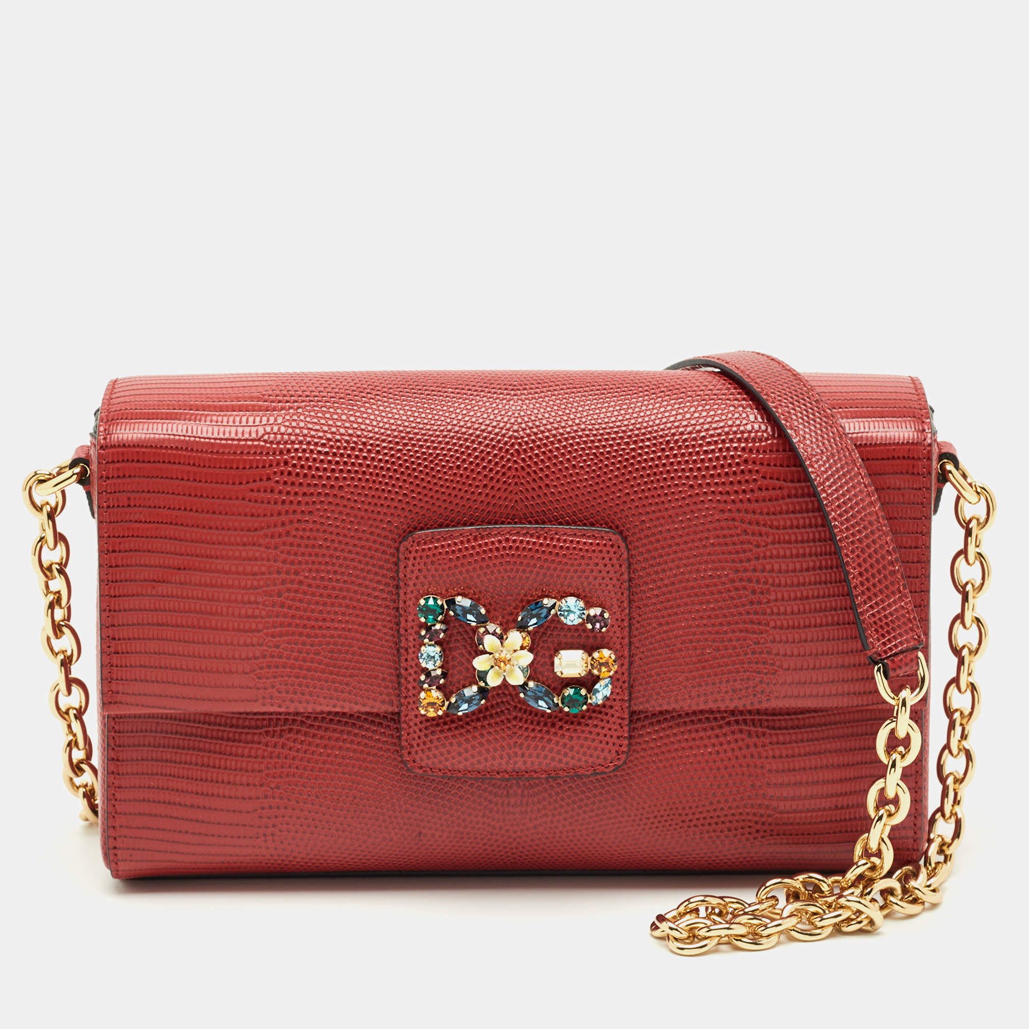 Pre Owned Dolce & Gabbana Red Lizard Embossed Leather DG Millennials Shoulder Bag