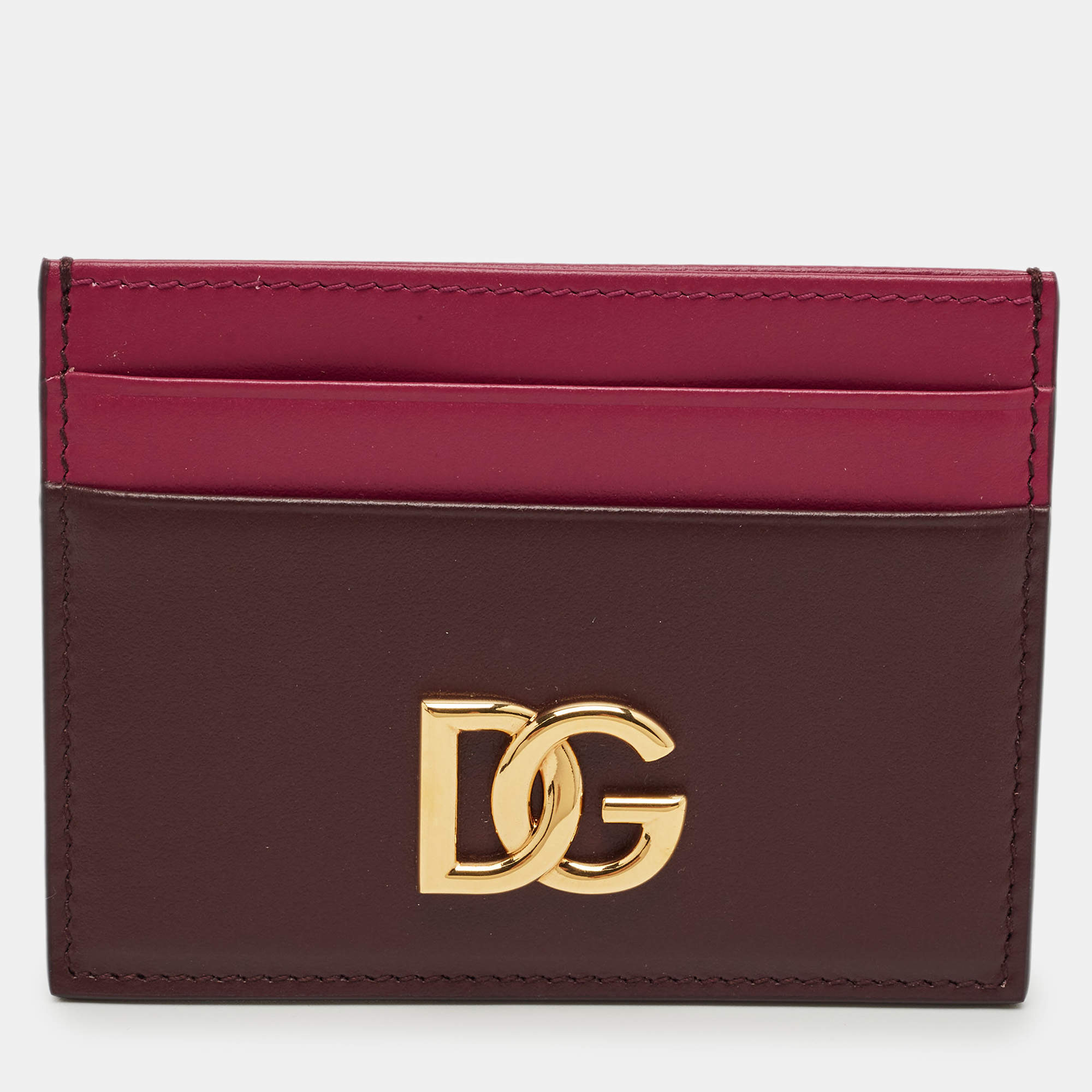 Pre Owned Dolce & Gabbana Pink/Burgundy Leather DG Logo Card Holder