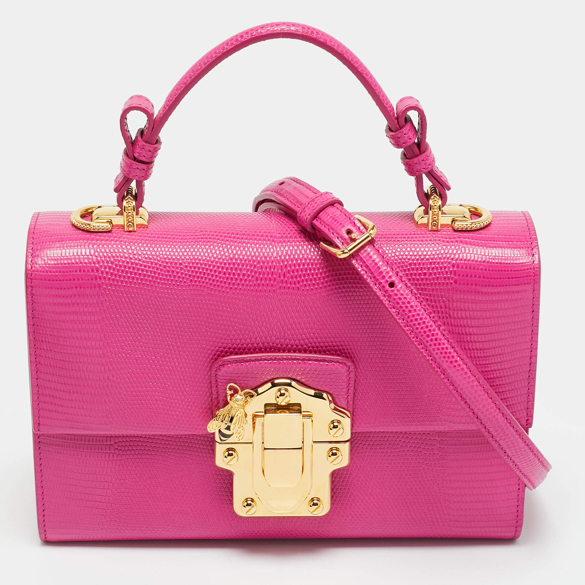 Pre Owned Dolce & Gabbana Pink Lizard Embossed Leather Lucia Top Handle Bag