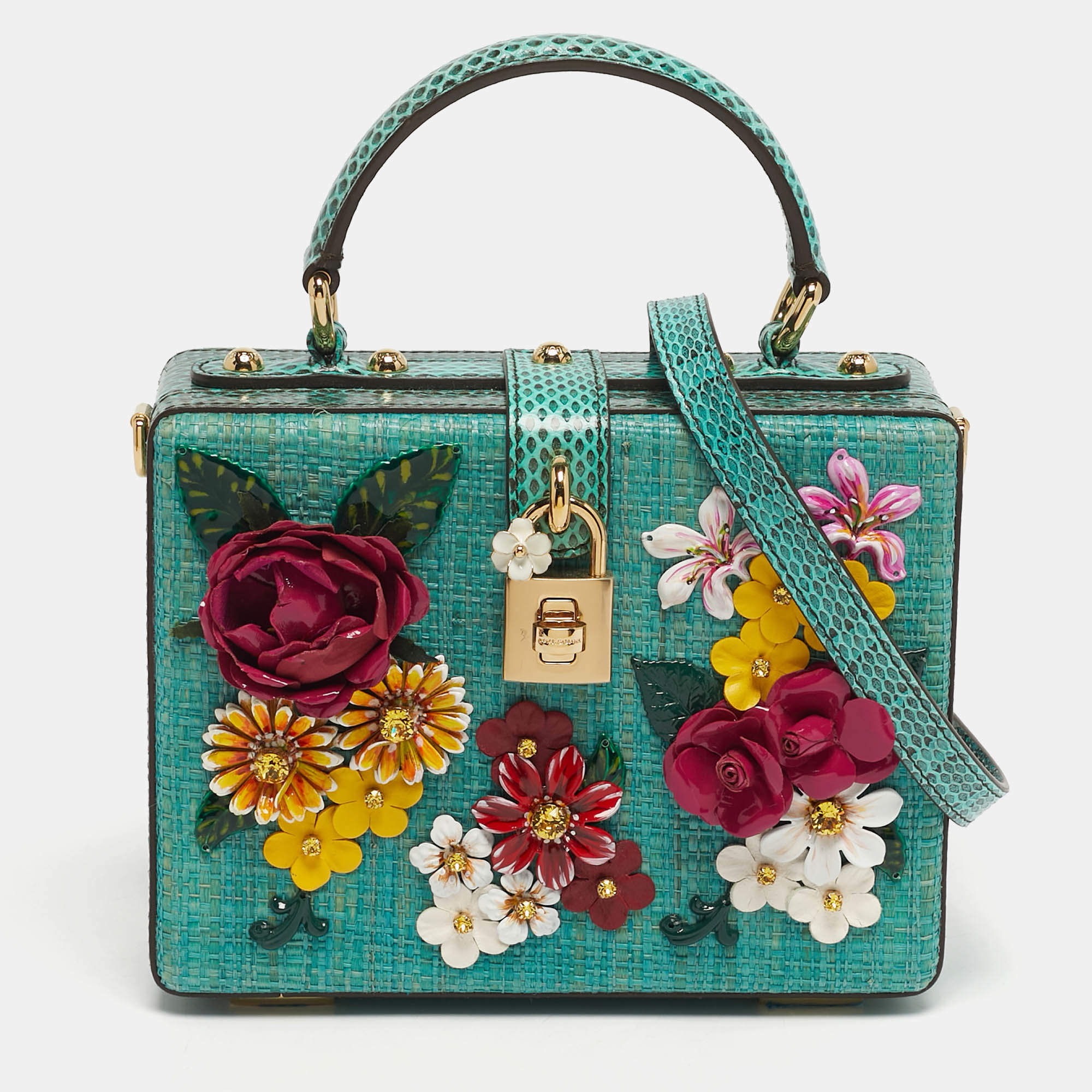 Pre Owned حقيبة دولتشي & غابانا دولتشي بوكس قش أخضر وزخرفة جلد الثعبان بزخارف الأزهار