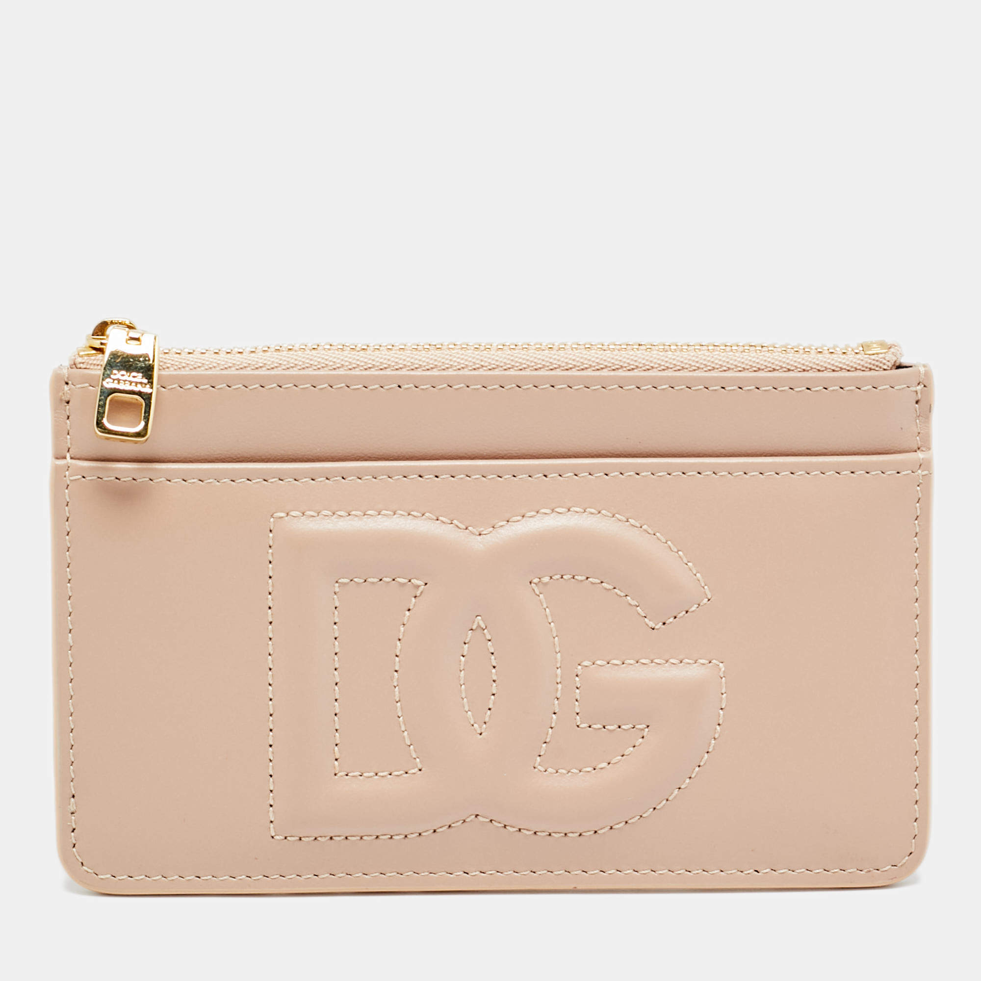 Pre Owned Dolce & Gabbana DG Logo Beige Leather Zip Card Holder