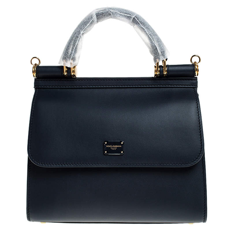 Pre Owned Dolce & Gabbana Navy Blue Leather Sicily 58 Top Handle Bag