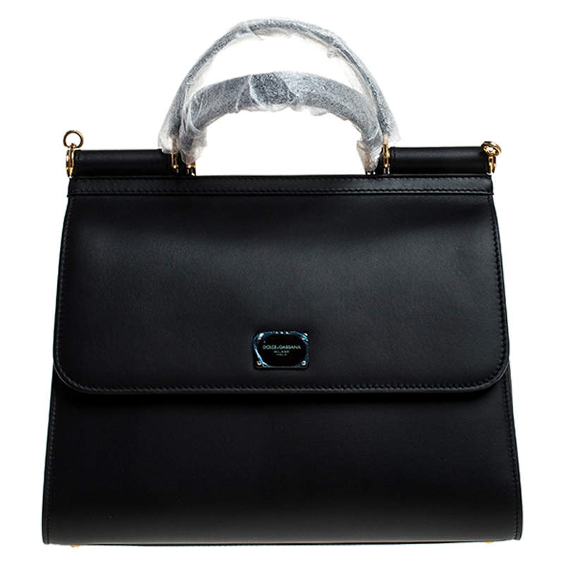 Pre Owned Dolce & Gabbana Black Leather Sicily 58 Top Handle Bag