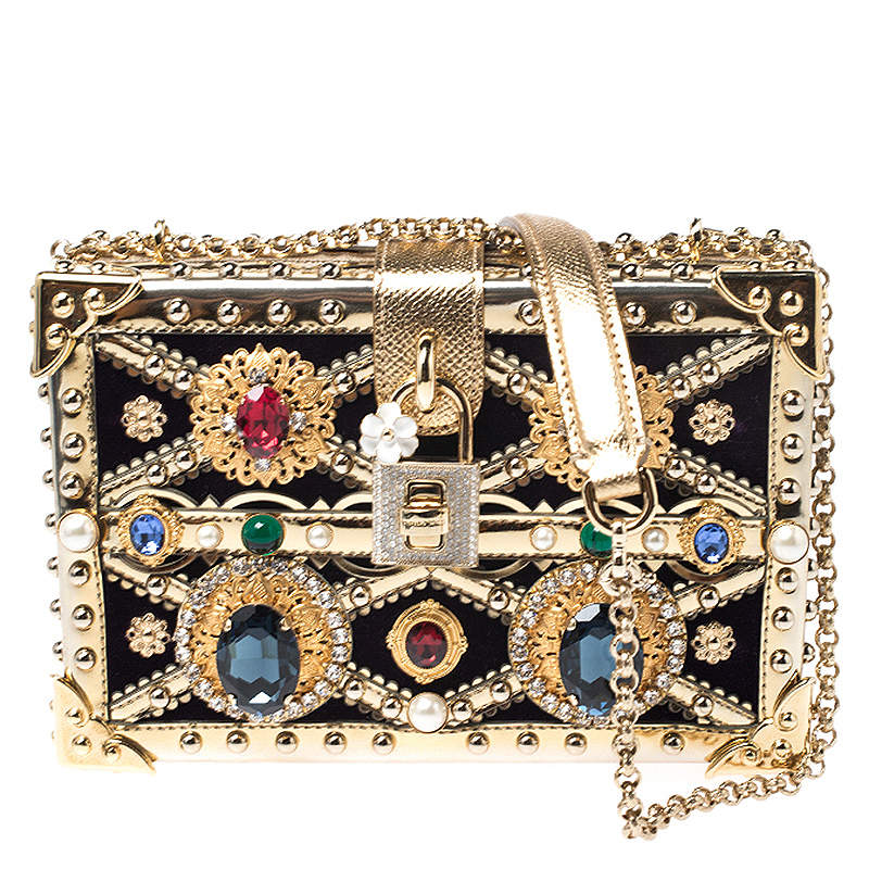 مملوكة مسبقًا Dolce and Gabbana Metallic Gold Crystal Embellished Leather and Velvet Box Pad lock Shoulder Bag 