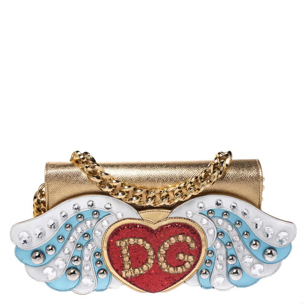 Dolce & Gabbana Gold Leather The Lovers Evening Chain Clutch
