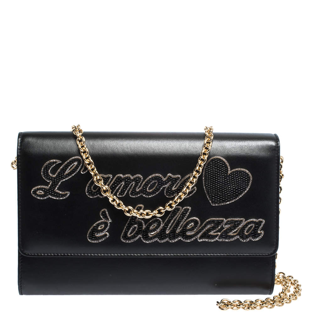 Pre Owned Dolce & Gabbana Black Leather L'amore è Bellezza Chain Clutch