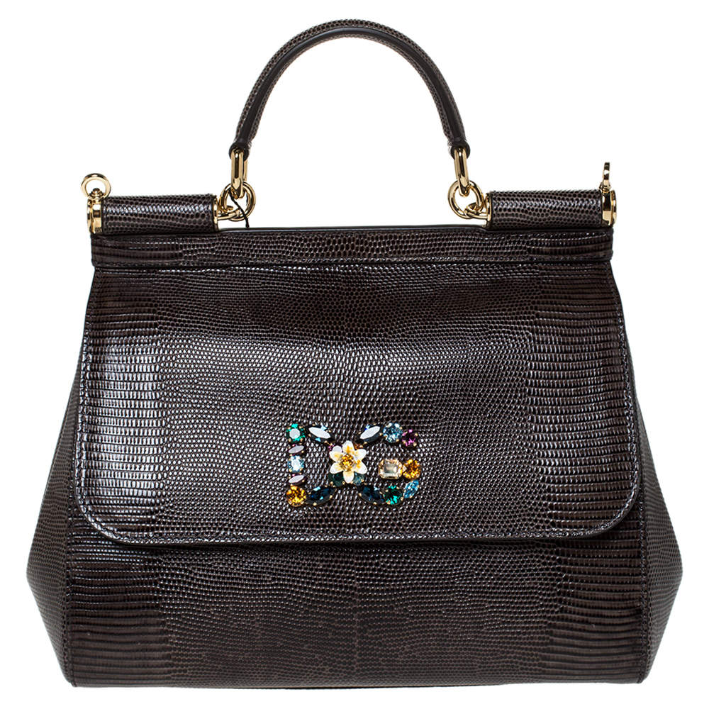 Pre Owned Dolce & Gabbana Brown Iguana Embossed Leather Crystal DG Logo Medium Miss Sicily Bag