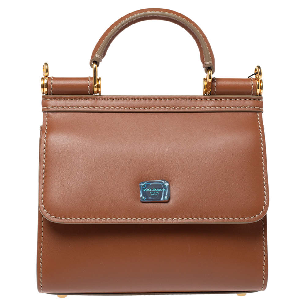 Pre Owned Dolce & Gabbana Tan Leather Micro Sicily 58 Top Handle Bag