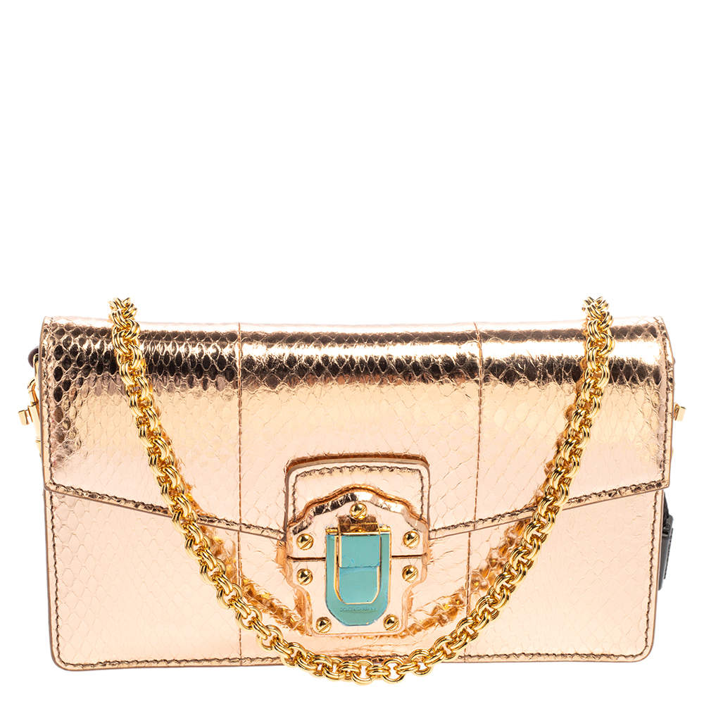 Pre Owned Dolce & Gabbana Metallic Rose Gold Snakeskin Lucia Chain Shoulder Bag