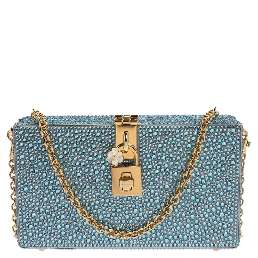 Dolce & Gabbana Azure Heat-Applied Rhinestones Dolce Box Chain Clutch ...