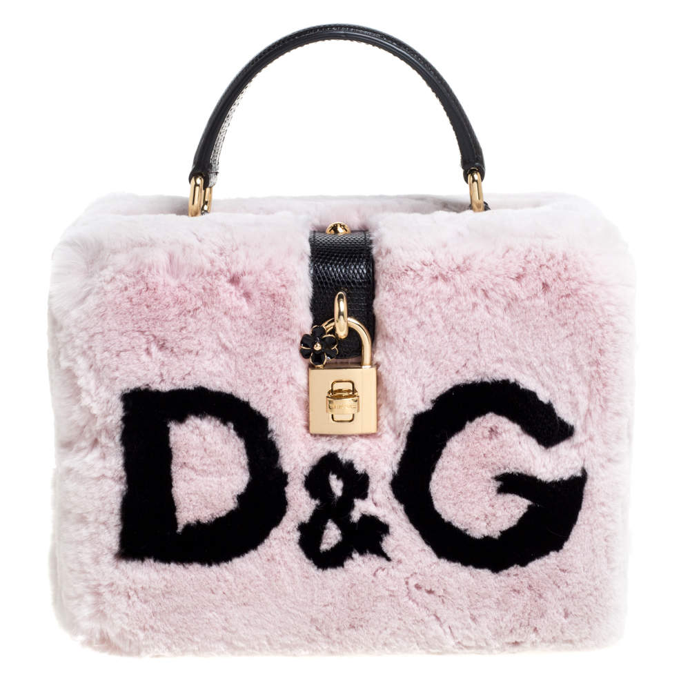Dolce & Gabbana Dusty Pink/Black Rabbit Fur and Lizard Embossed Leather Dolce Box Top Handle Bag