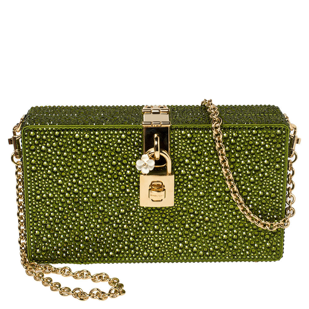 Pre Owned Dolce & Gabbana Green Heat-Applied Rhinestones Dolce Box Chain Clutch