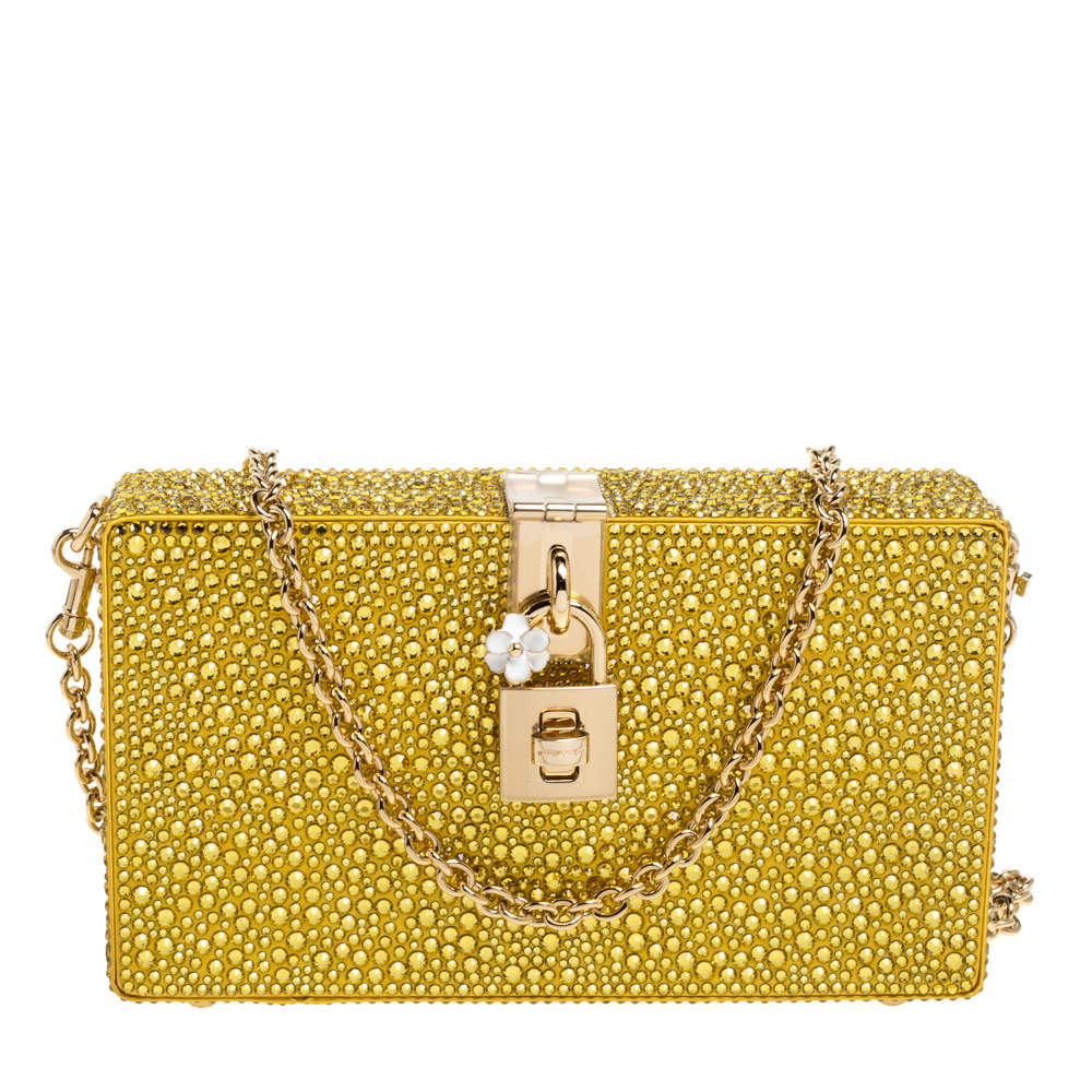مملوكة مسبقًا Dolce & Gabbana Yellow Heat-Applied Rhinestones Dolce Box Chain Clutch