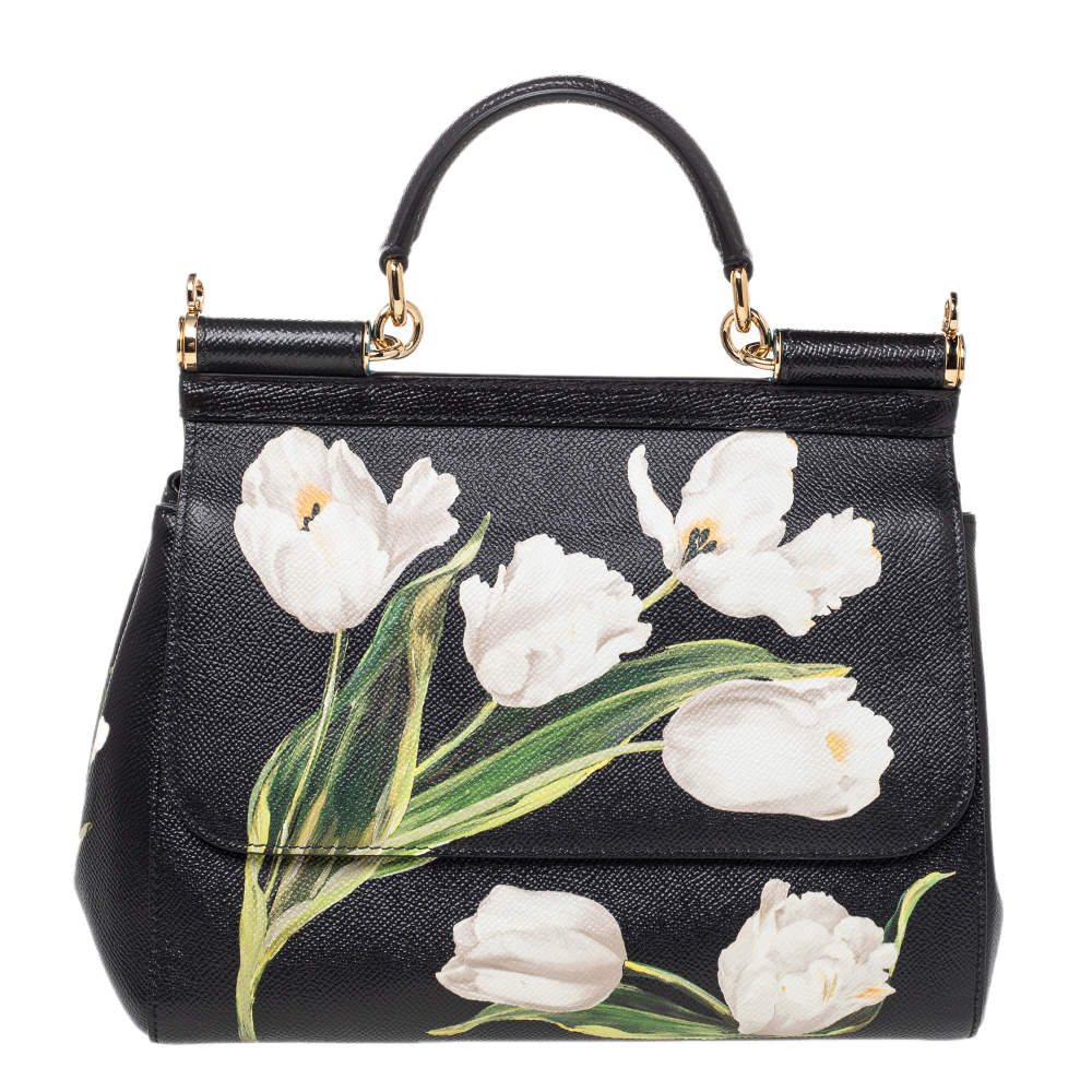 مملوكة مسبقًا Dolce & Gabbana Black Tulip Print Leather Medium Miss Sicily Top Handle Bag