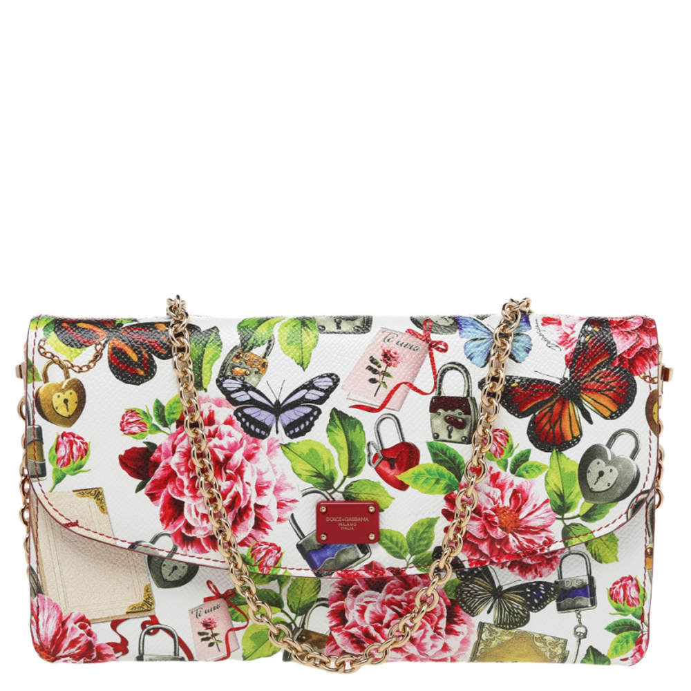 Pre Owned Dolce & Gabbana Multicolor Secret Butterfly Print Leather Chain Clutch Bag
