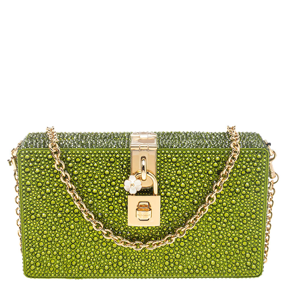 Pre Owned Dolce & Gabbana Green Crystal Embellished Satin Box Bag