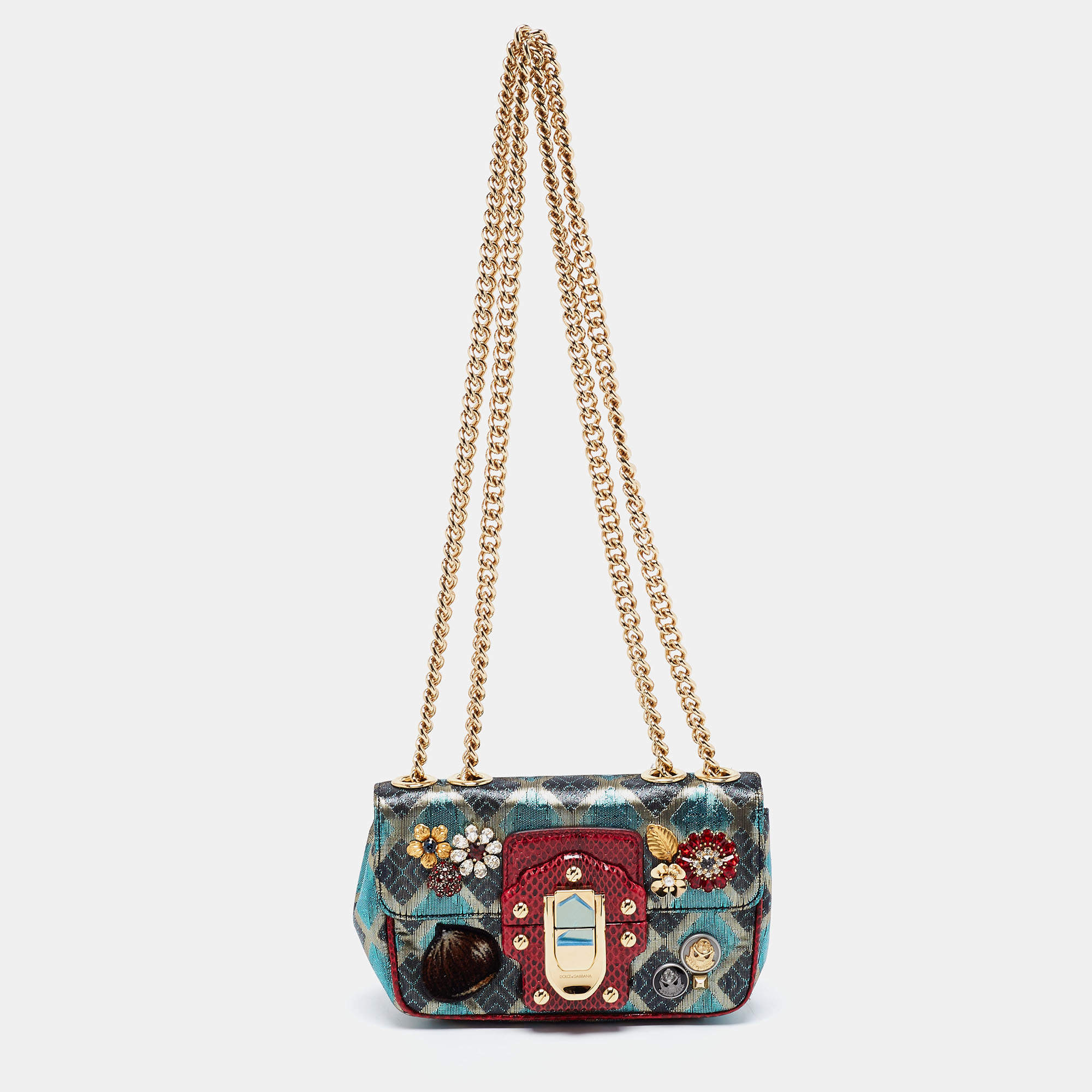 Pre Owned Dolce & Gabbana Multicolor Jacquard Lurex Fabric and Snakeskin Mini Lucia Embellished Shoulder Bag