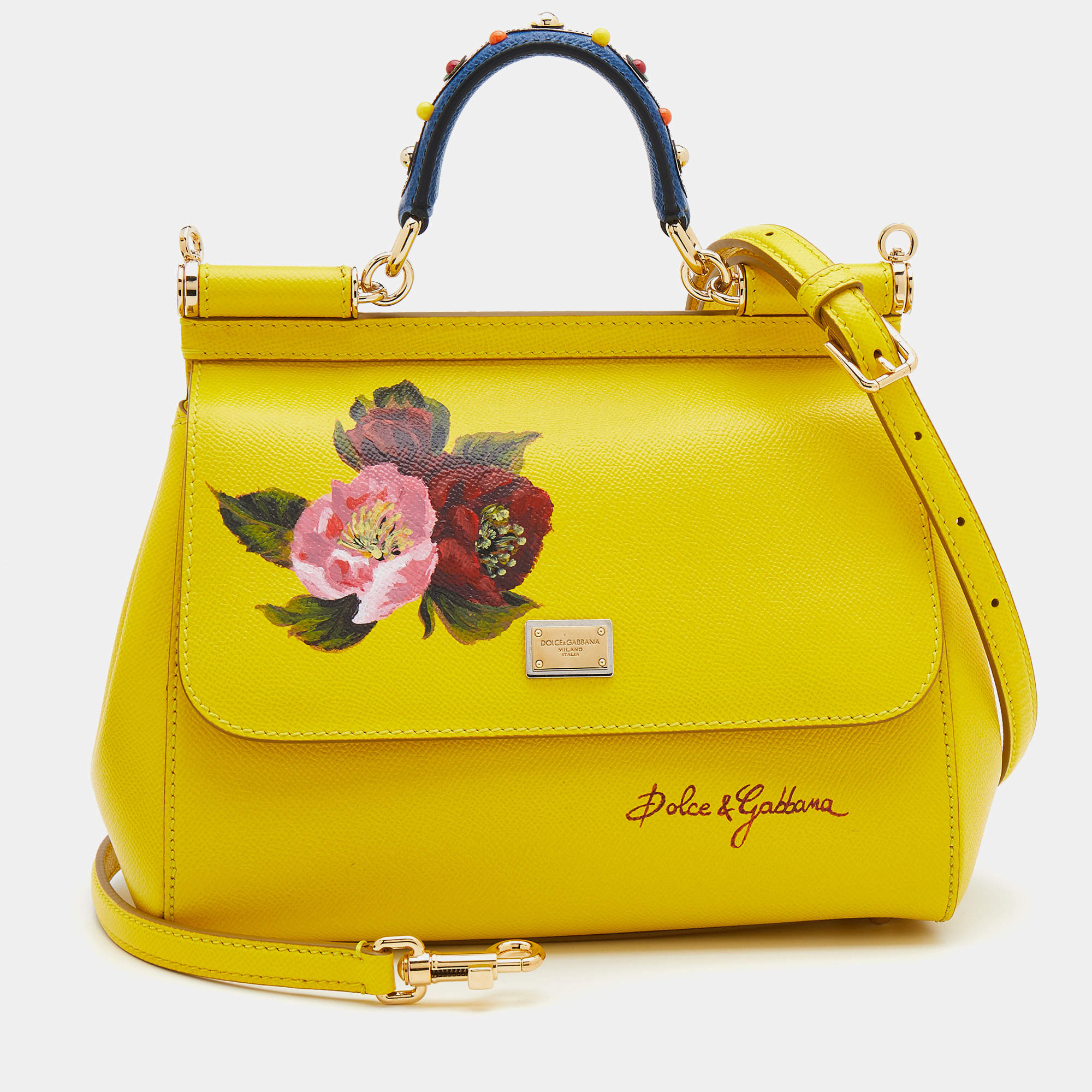 Pre Owned Dolce & Gabbana Yellow Flower Printed Leather Regular Miss Sicily Top Handle Bag