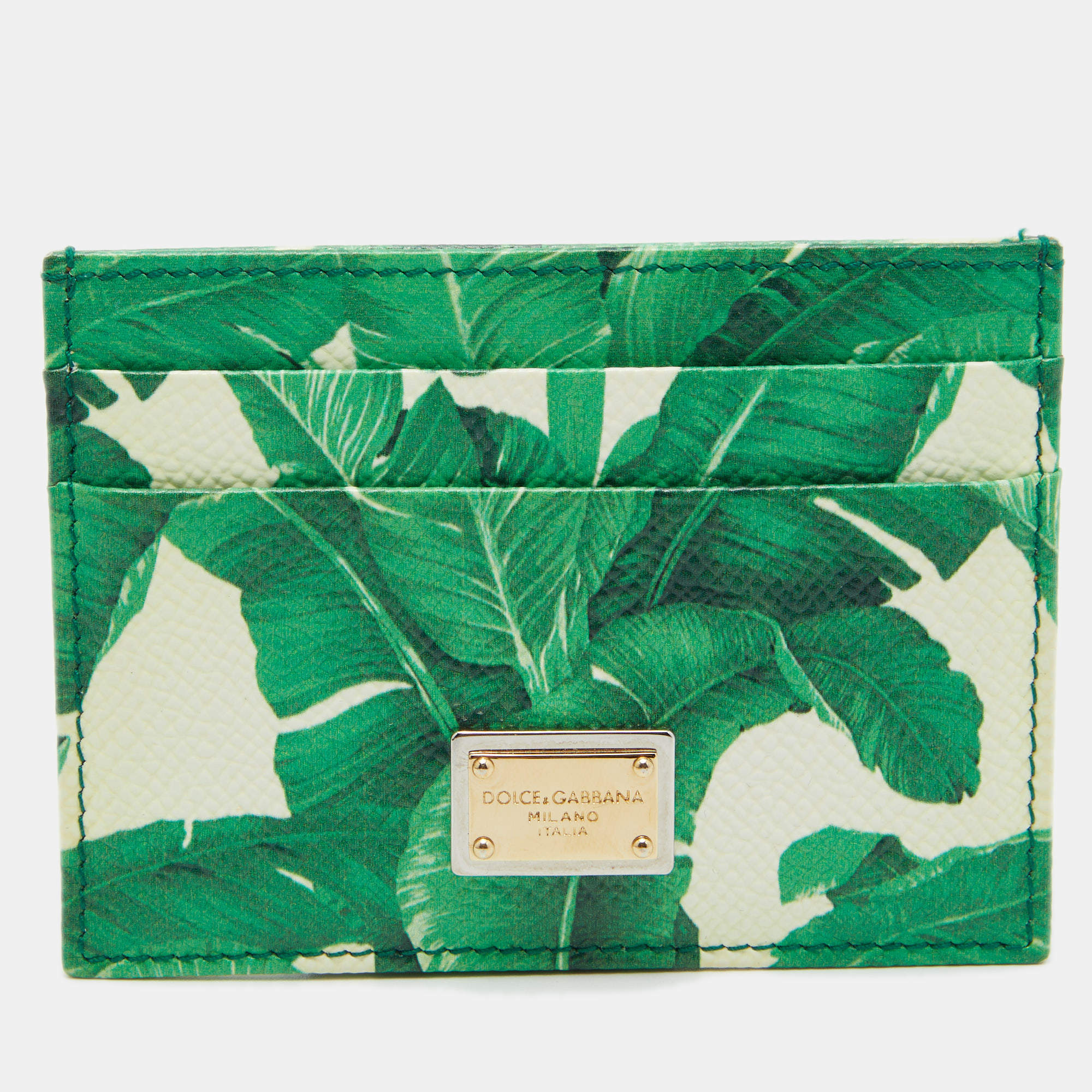 Pre Owned Dolce & Gabbana White/Green Leather Banana Leaf Print Card Holder