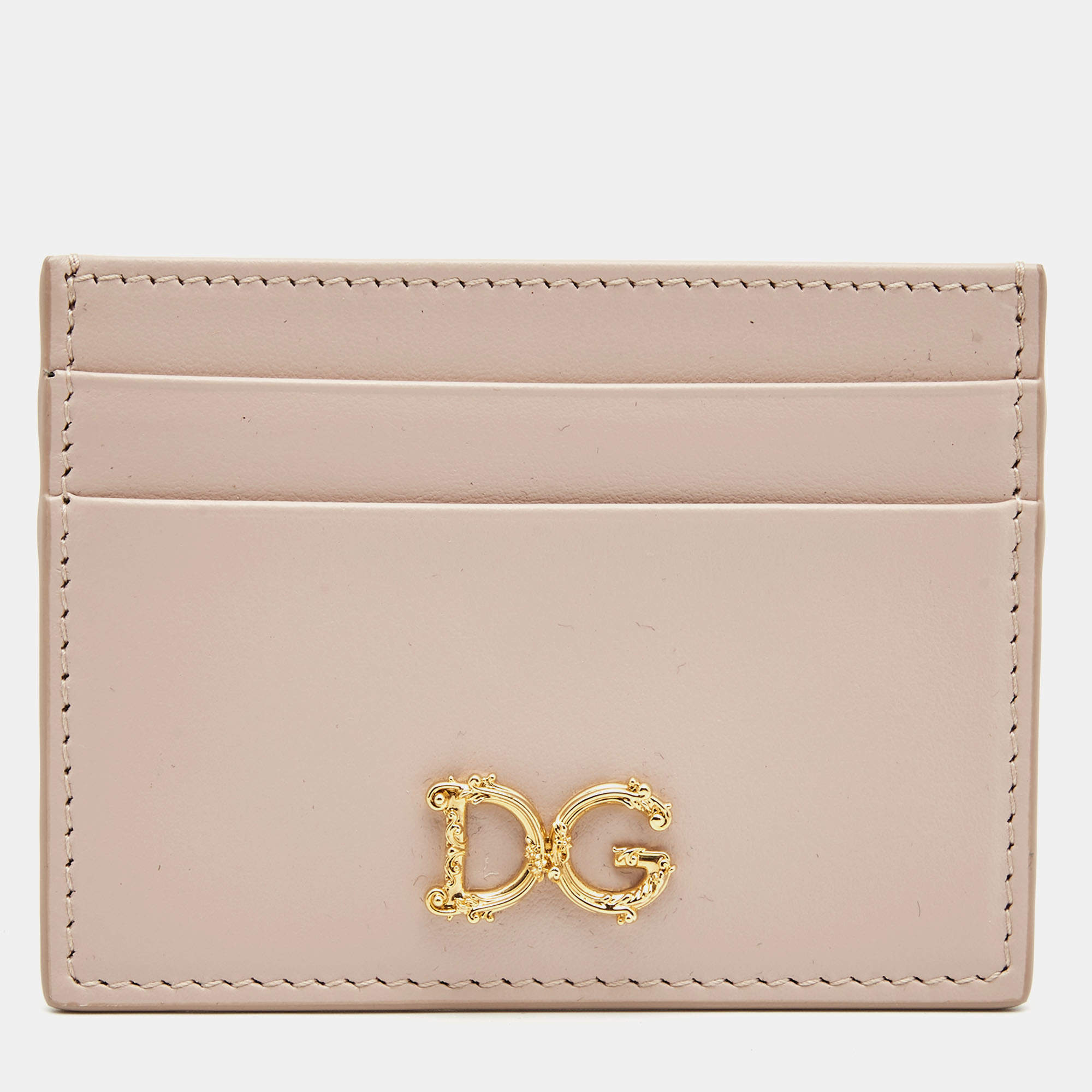 Pre Owned Dolce & Gabbana Beige Leather DG Logo Card Holder