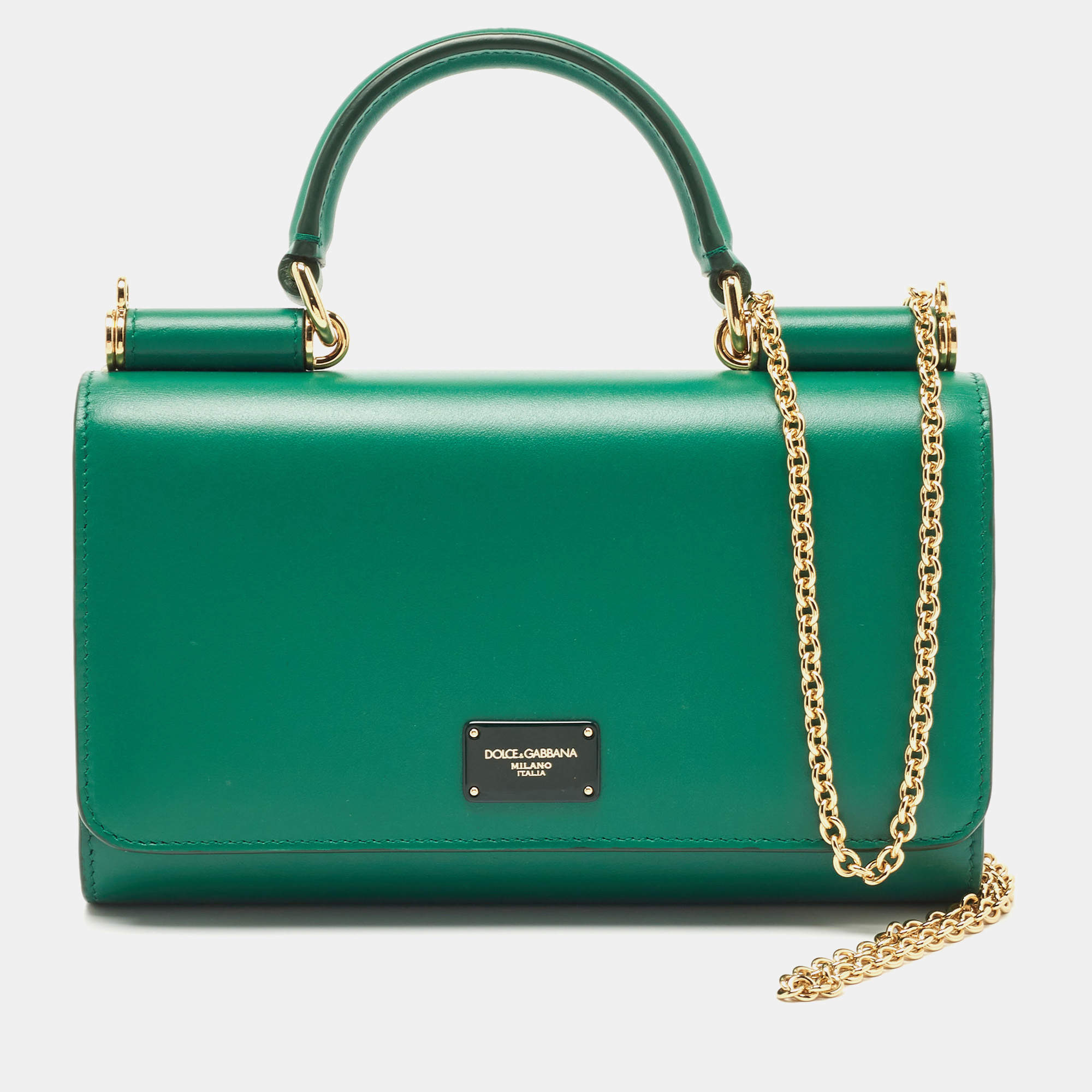Pre Owned Dolce & Gabbana Green Leather Miss Sicily Wallet on Chain