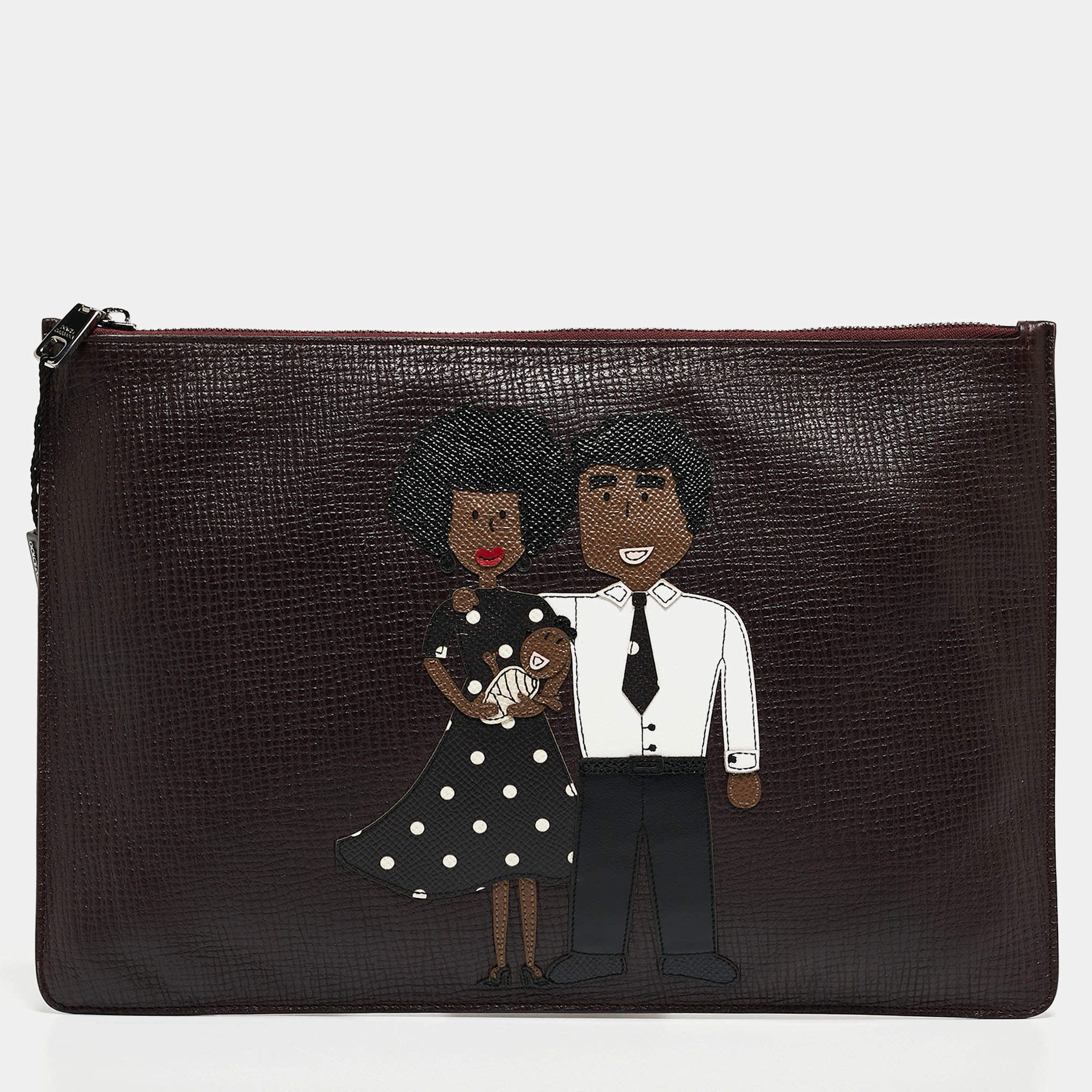 Pre Owned Dolce & Gabbana Plum Leather DG Family Zip Pouch