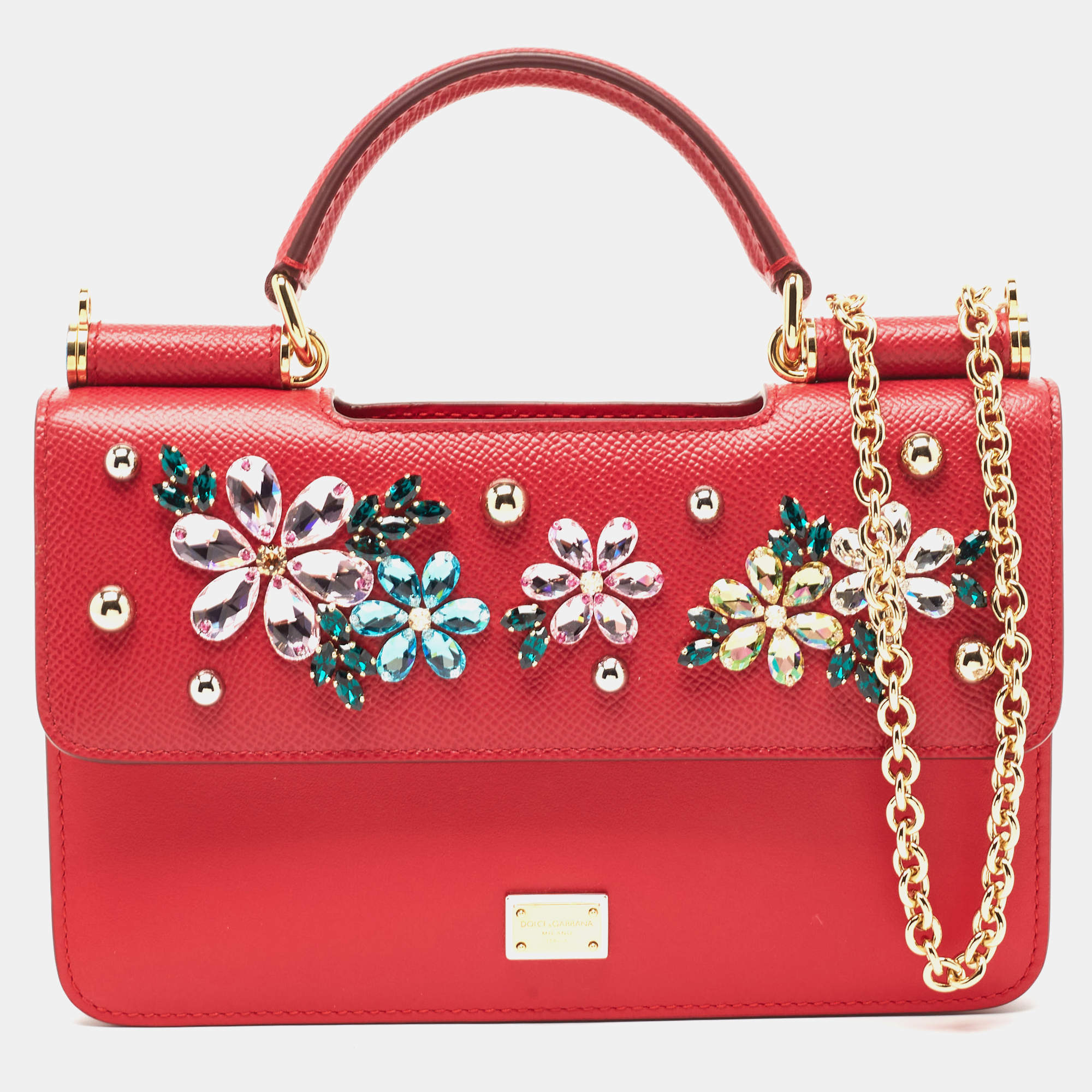 Pre Owned Dolce & Gabbana Two Tone Red Leather Crystal Embellished Sicily Chain Bag