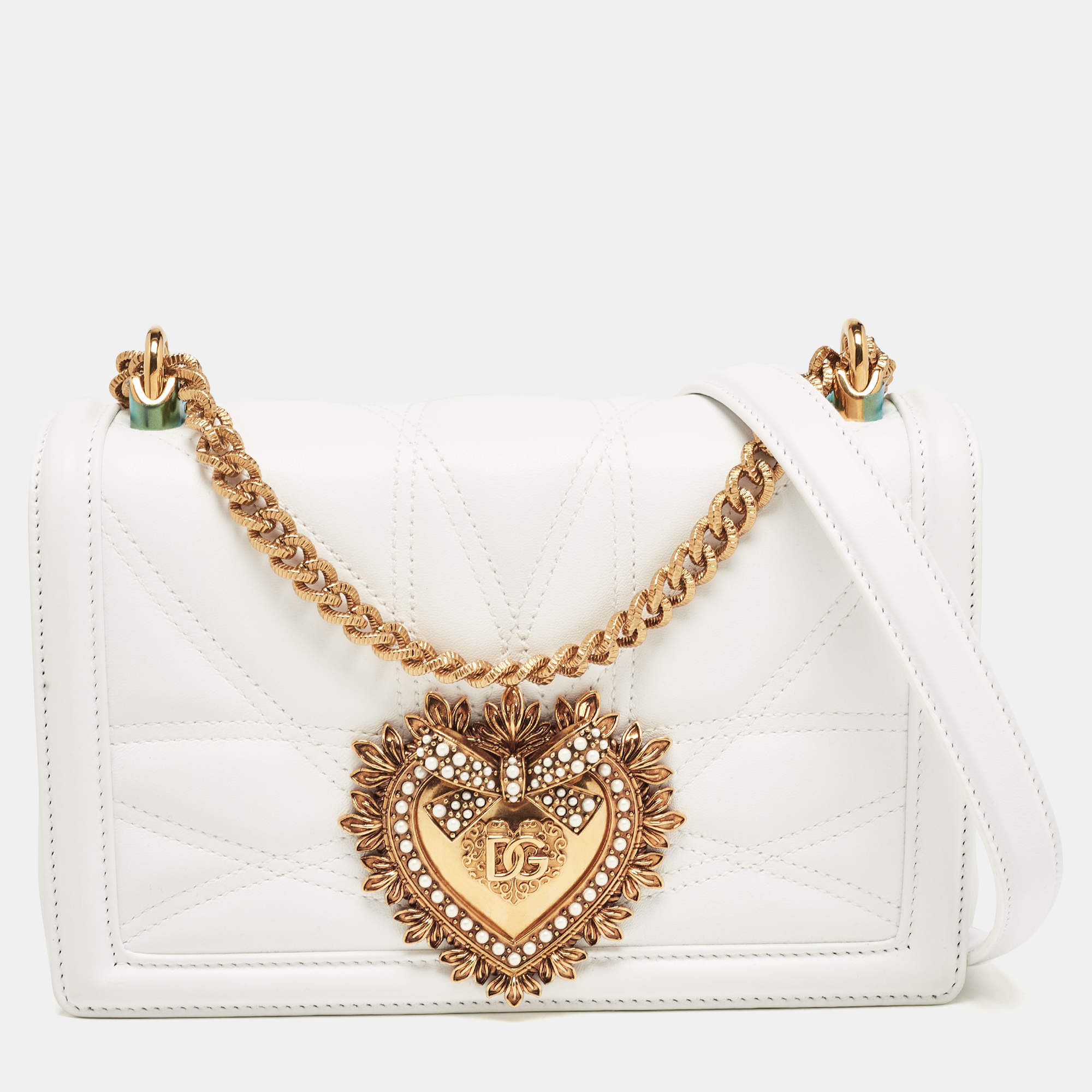 Pre Owned Dolce & Gabbana White Leather Medium Devotion Mordore Shoulder Bag