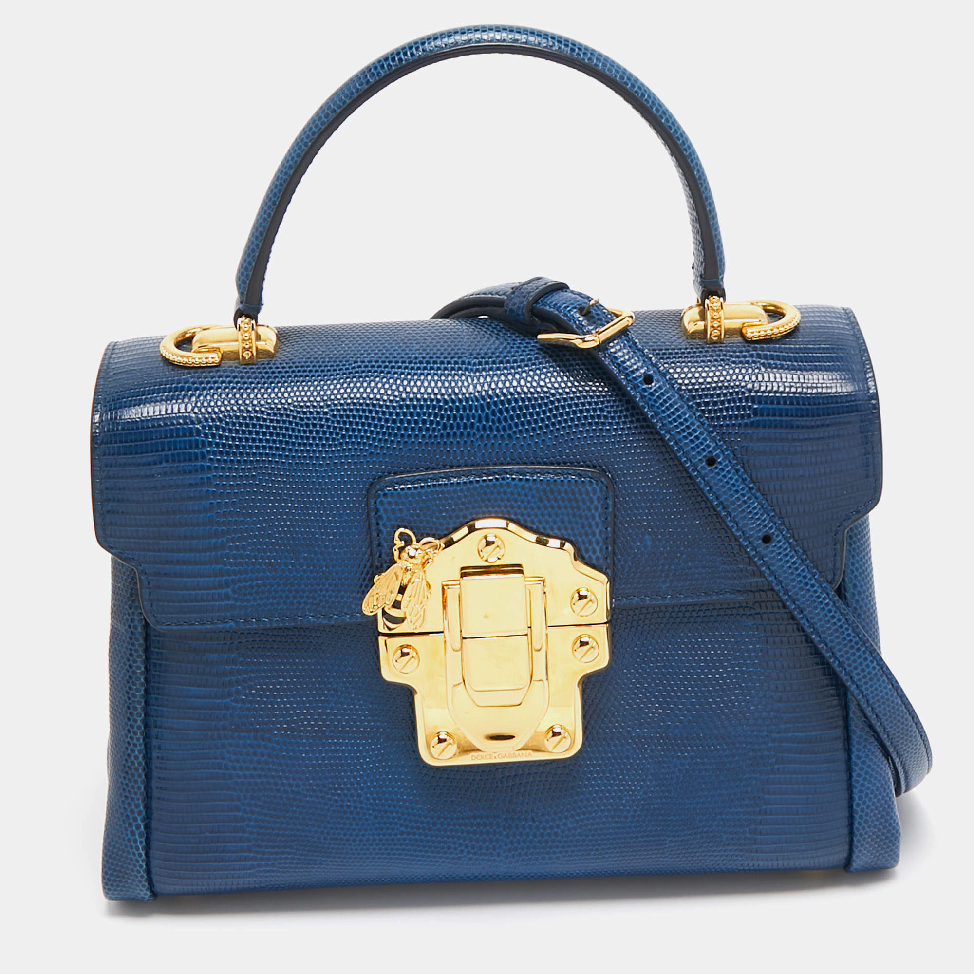 Pre Owned Dolce & Gabbana Blue Lizard Embossed Leather Lucia Top Handle Bag