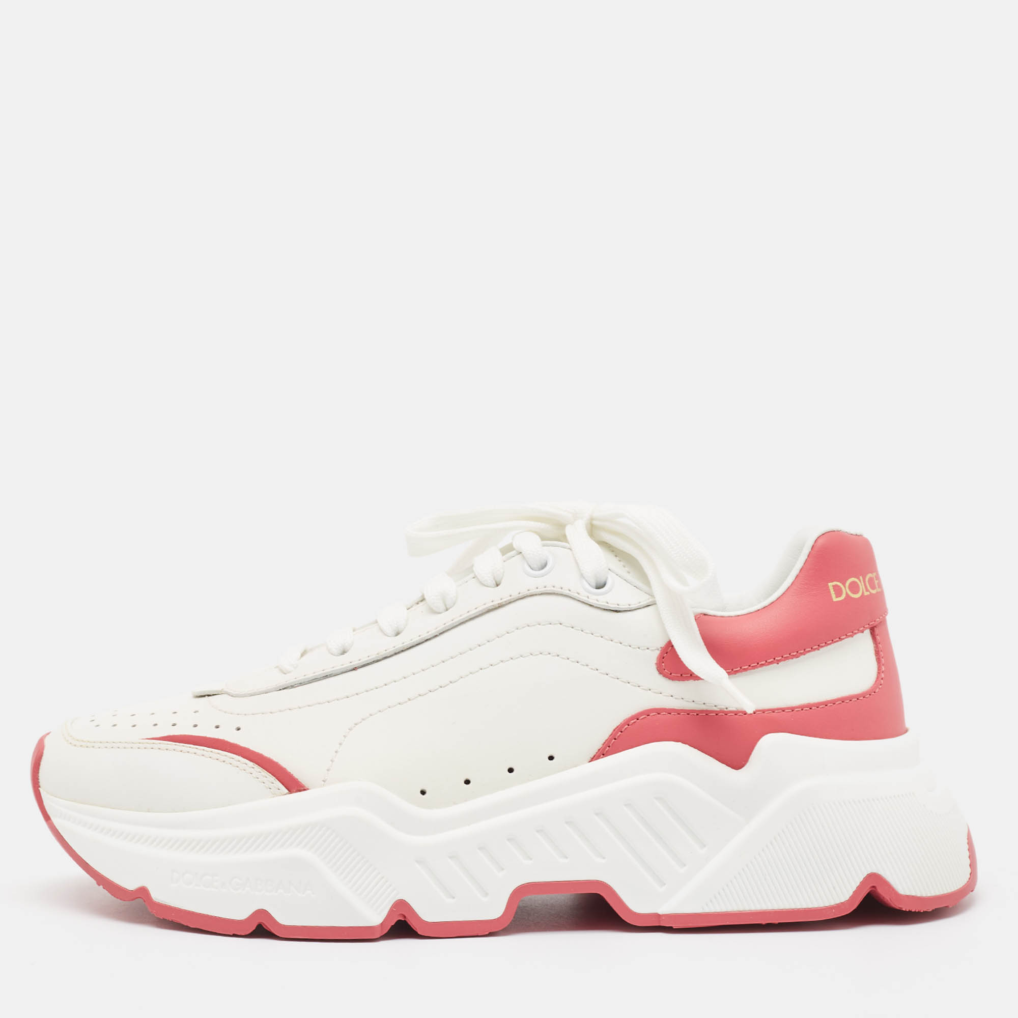Pre Owned Dolce & Gabbana White/Pink Leather Daymaster Sneakers Size 38