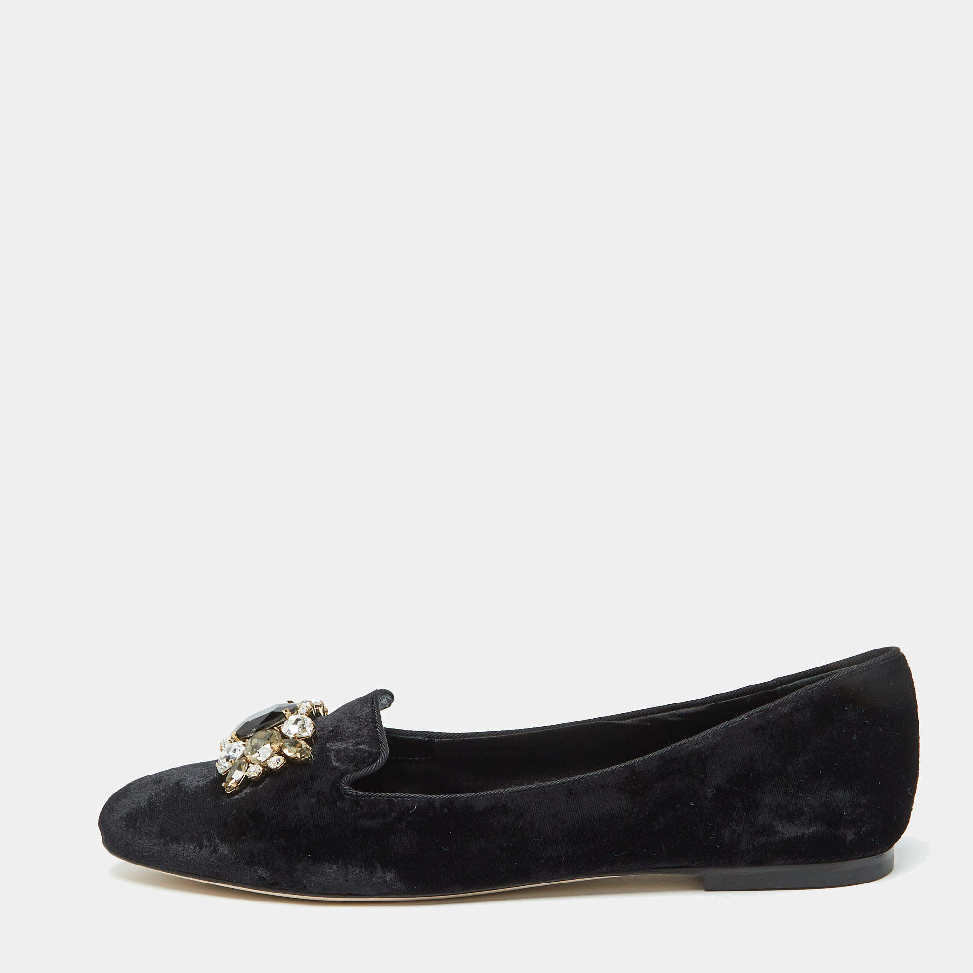 Dolce and Gabbana Black Velvet Crystal Embellished Smoking Slippers Size 39