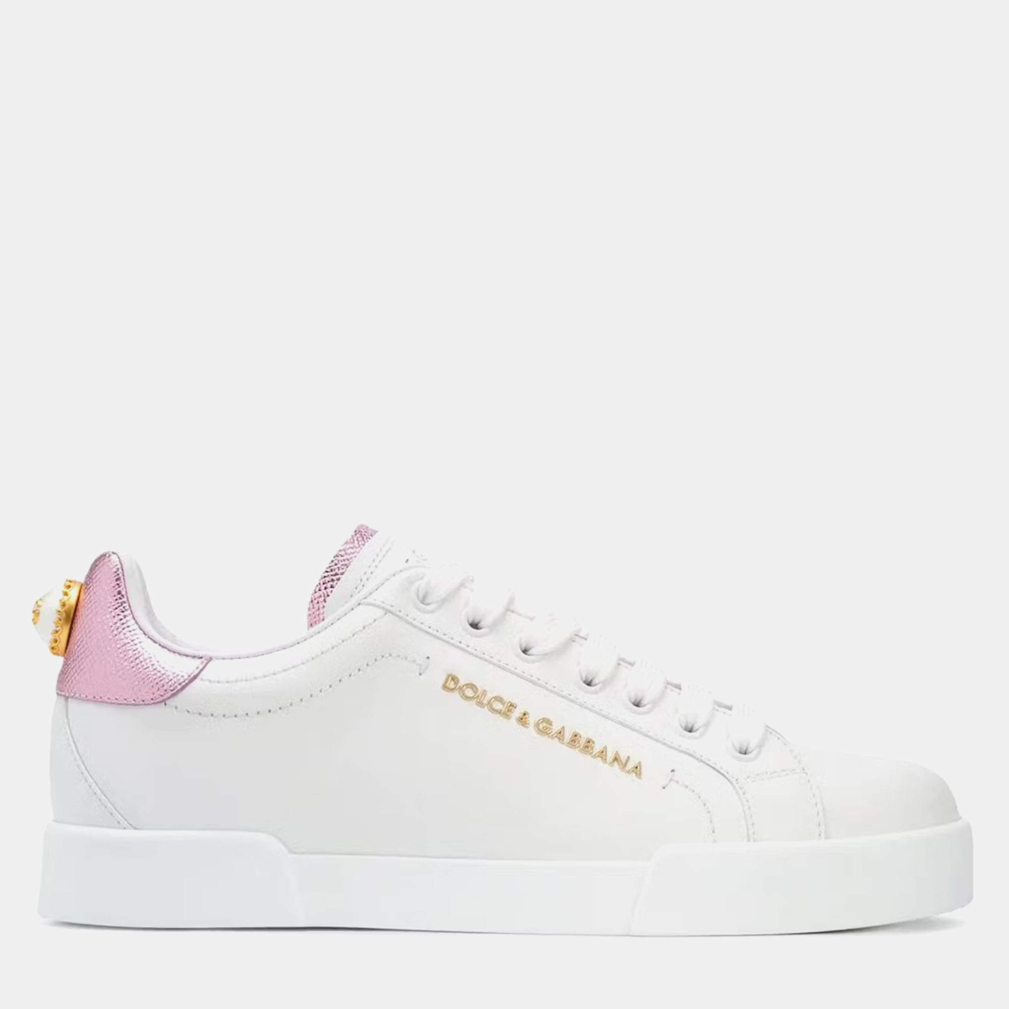 Dolce & Gabbana White Metallic Pink Pearl Portofino Sneaker 37