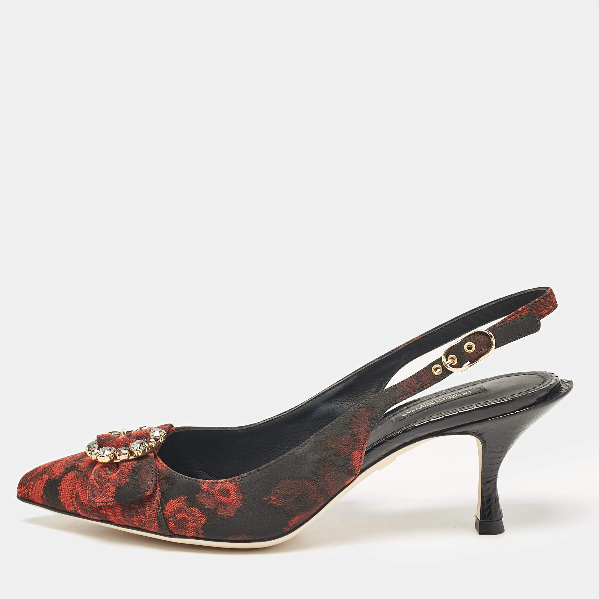 Pre Owned Dolce & Gabbana Black/Red Floral Print Fabric Crystal Embellished Slingback Pumps Size 40
