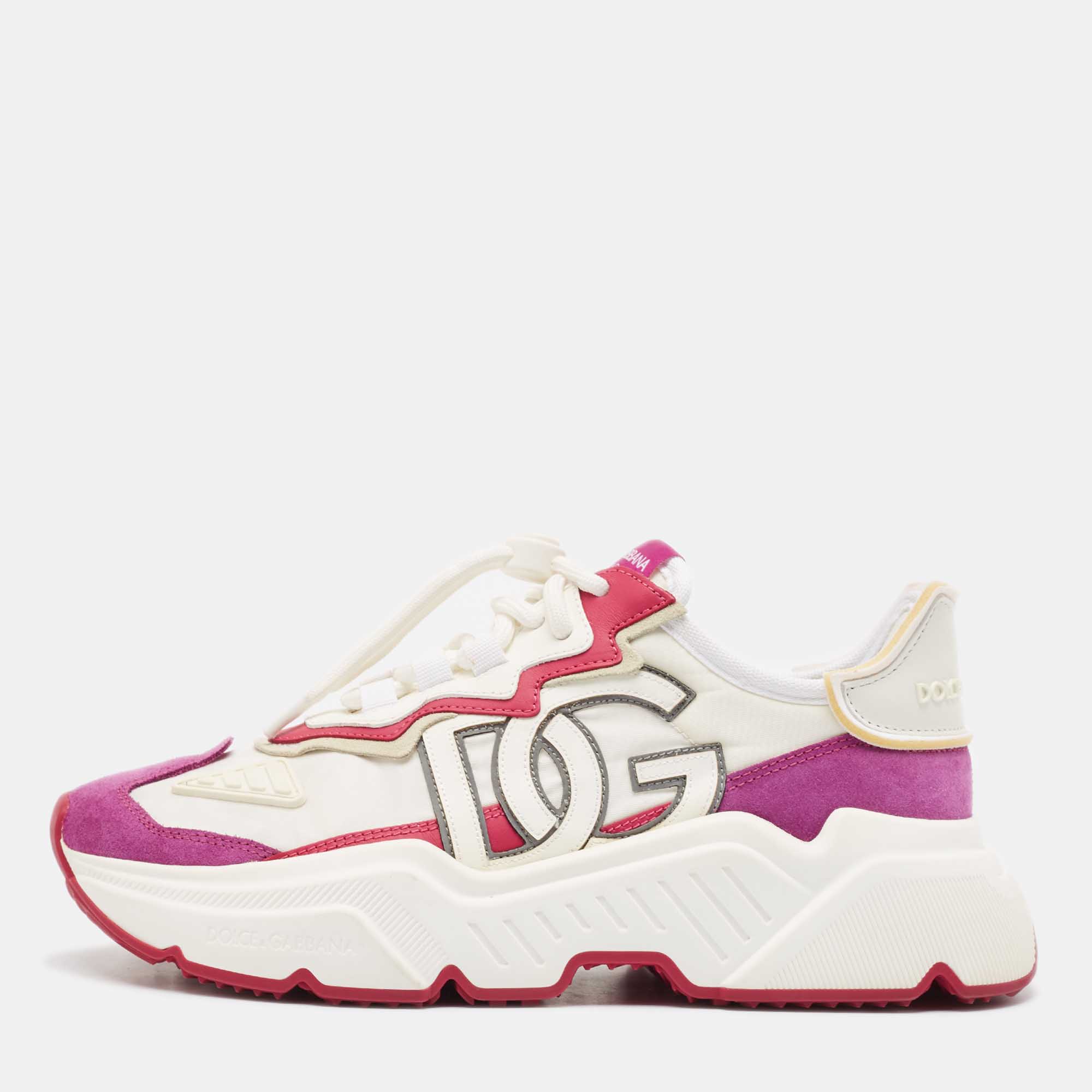 Pre Owned Dolce & Gabbana White/Purple Nylon and Leather Daymaster Low Top Sneakers Size 40