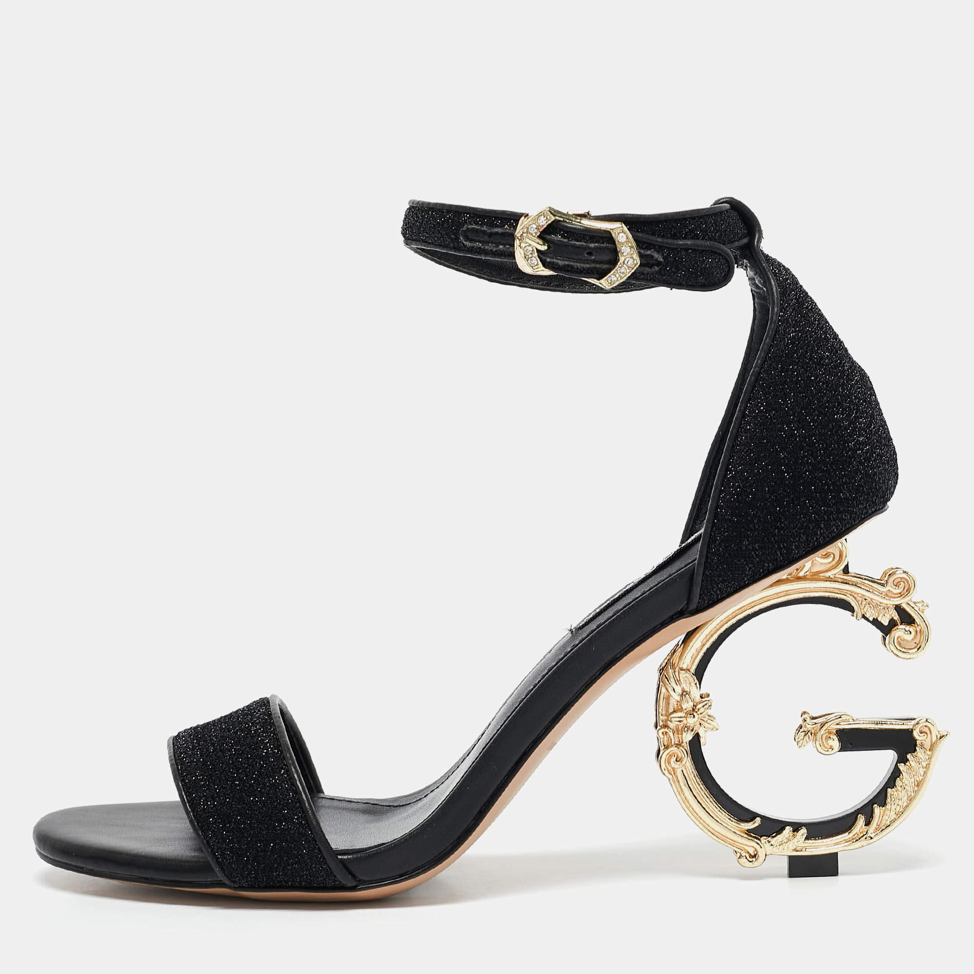 Pre Owned Dolce & Gabbana Black Leather and Lurex Keira DG Baroque Sandals Size 38