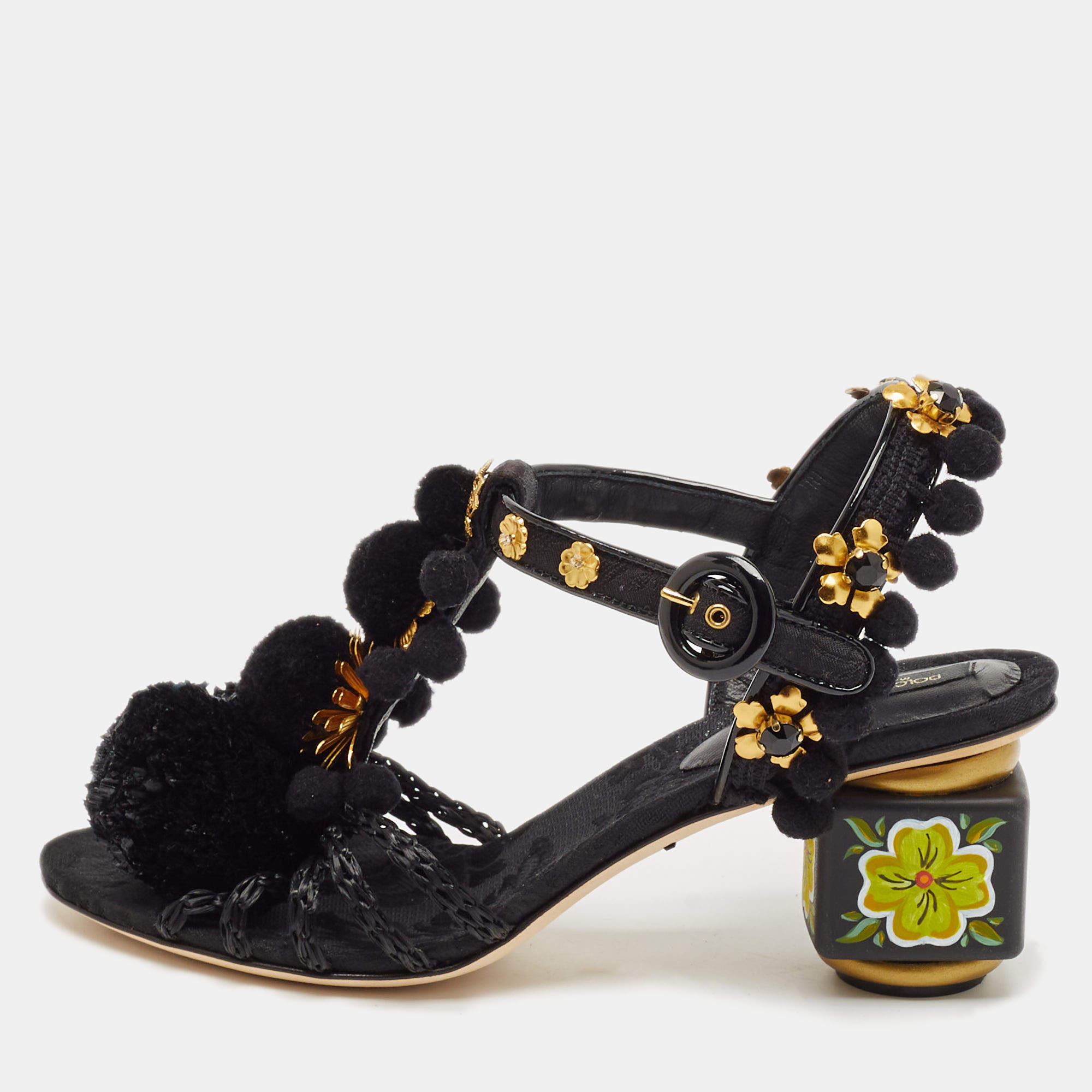 Dolce & Gabbana Black Fabric and Raffia Pom Pom Embellished T-Strap Sandals Size 35