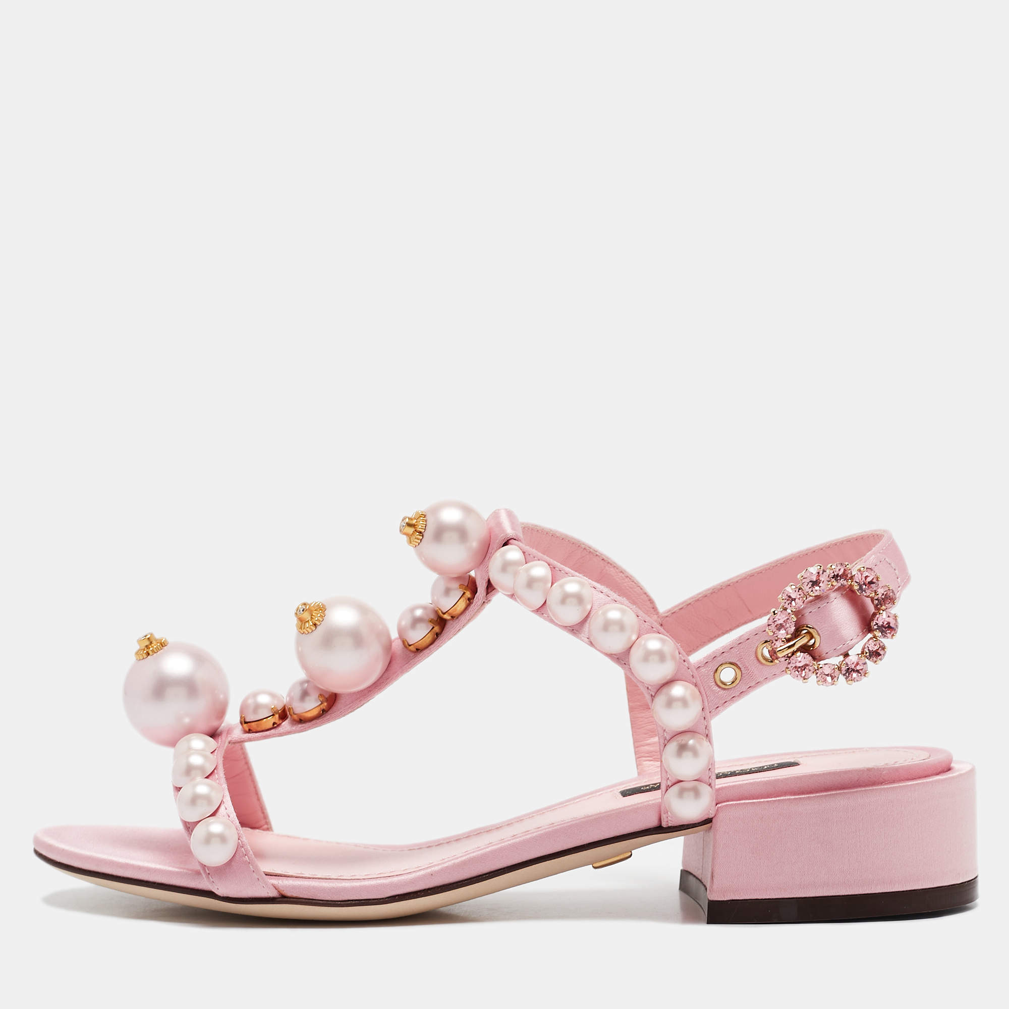مملوكة مسبقًا Dolce & Gabbana Pink Satin Pearl Keira Ankle Strap Sandals Size 35