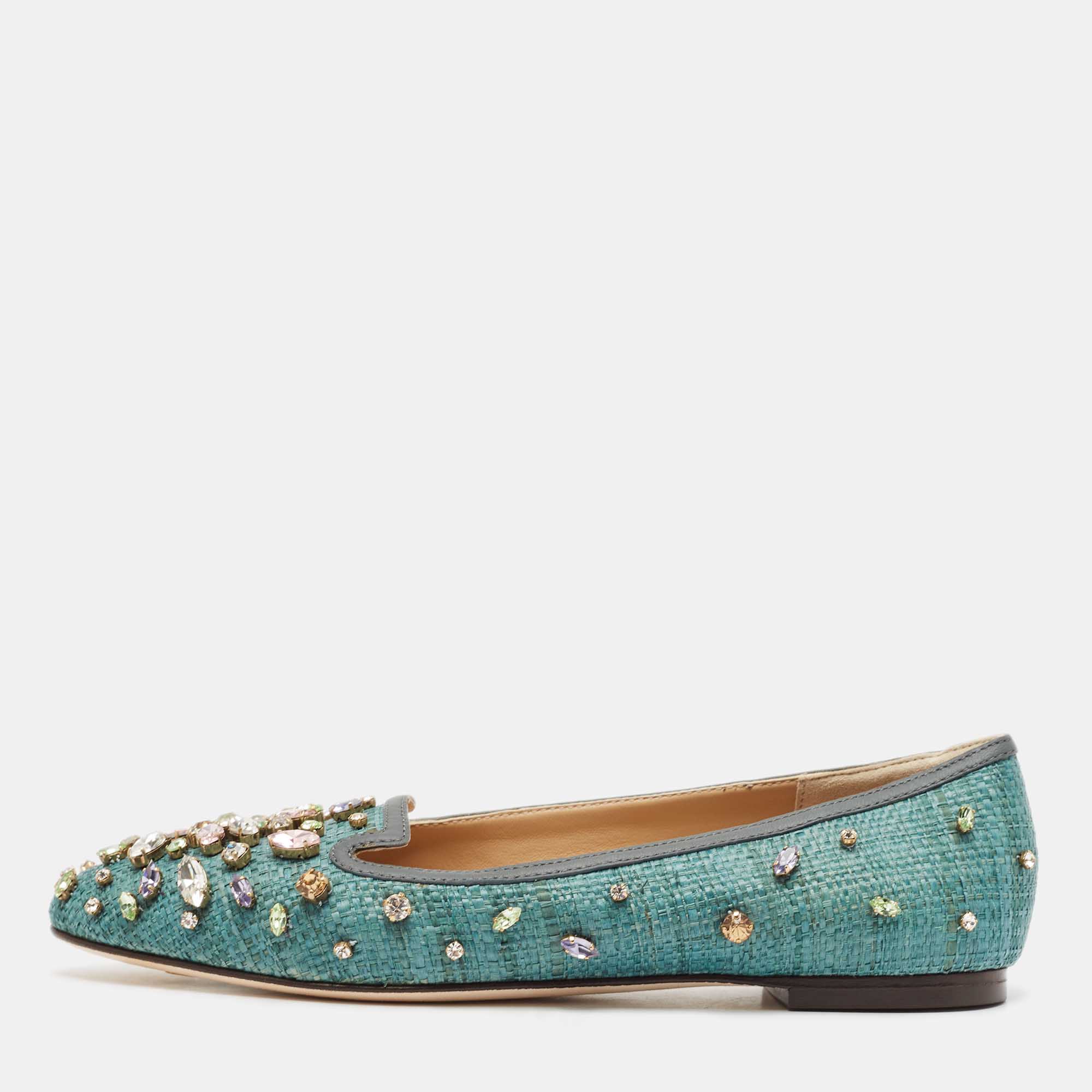 Pre Owned Dolce & Gabbana Green Raffia Crystal Embellished Ballet Flats Size 36