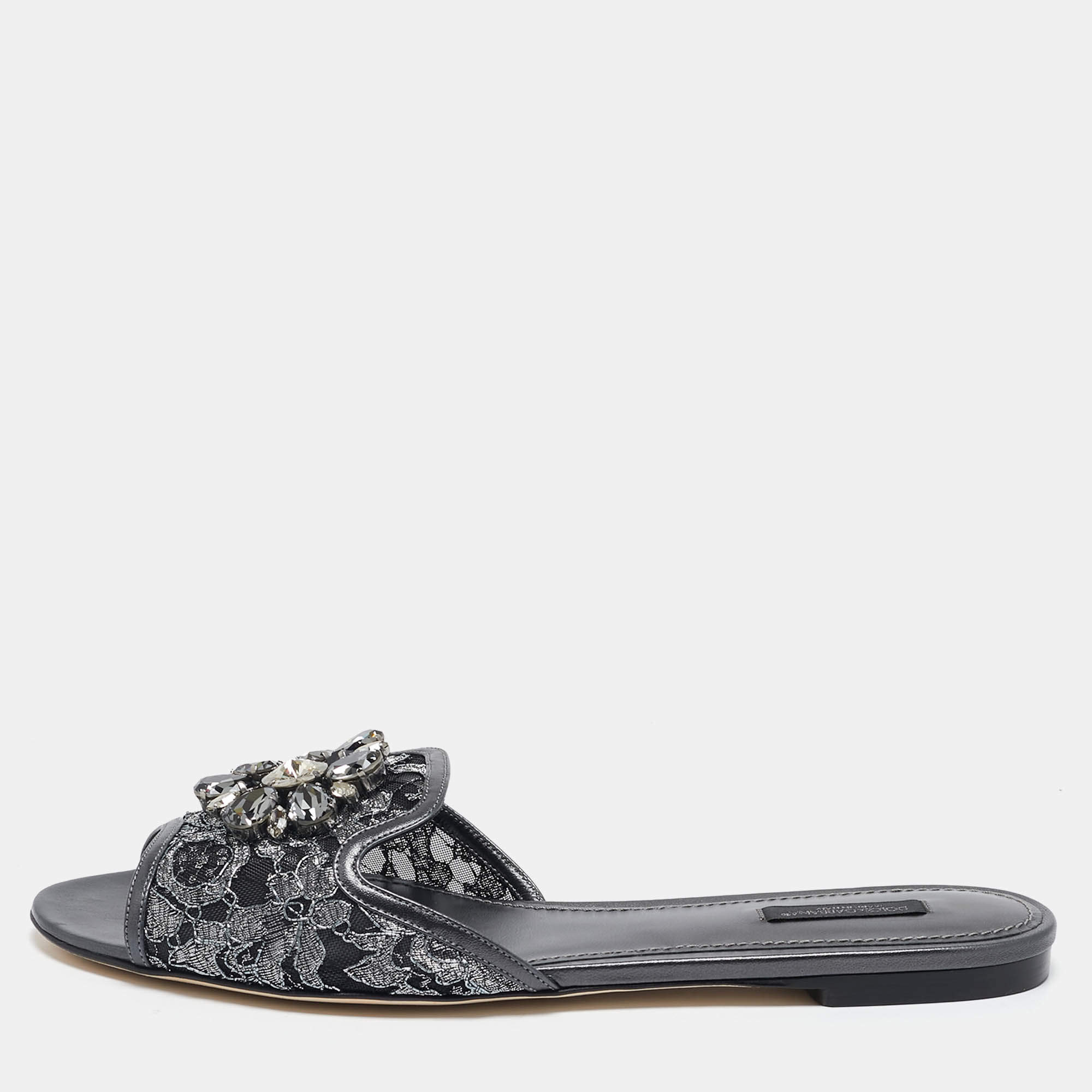Pre Owned Dolce & Gabbana Black Lace Bianca Flat Slides Size 42
