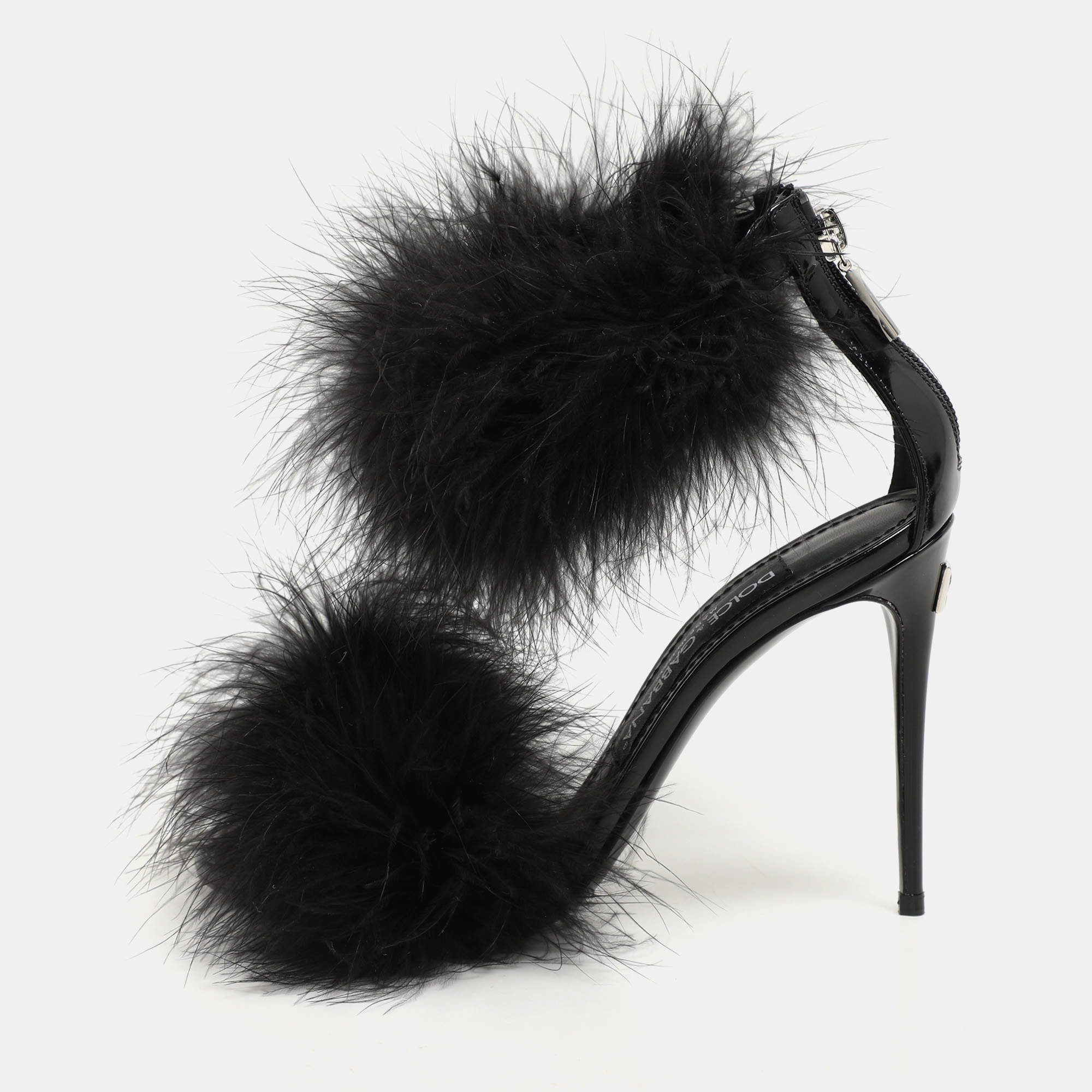 Dolce & Gabbana Black Patent Leather and Turkey Feather Ankle Strap Sandals Size 36